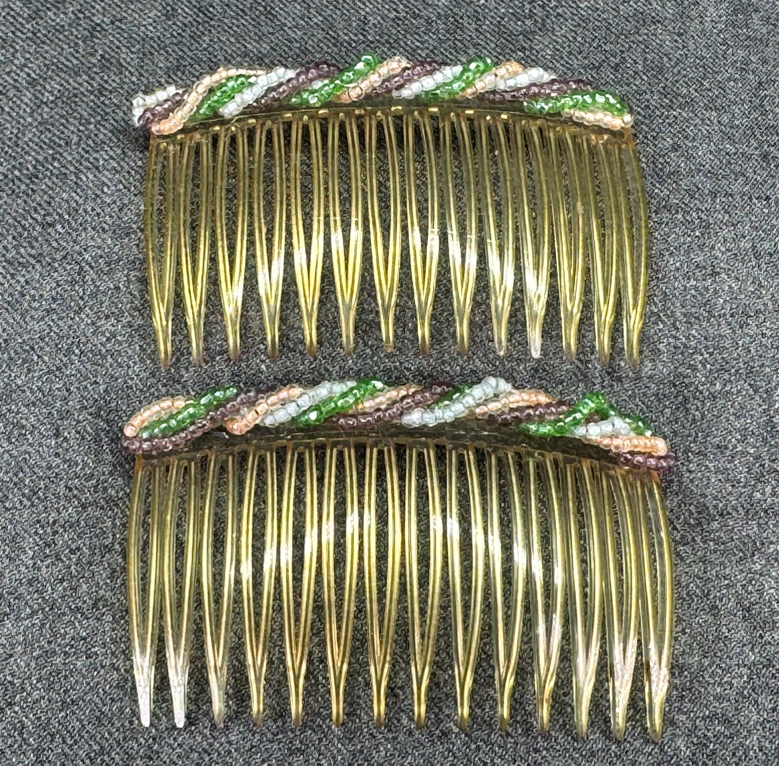 Vintage 1970s Glass Beaded Amber Plastic Side Hair Combs Pair . Made in USA. *J (1 of 5)