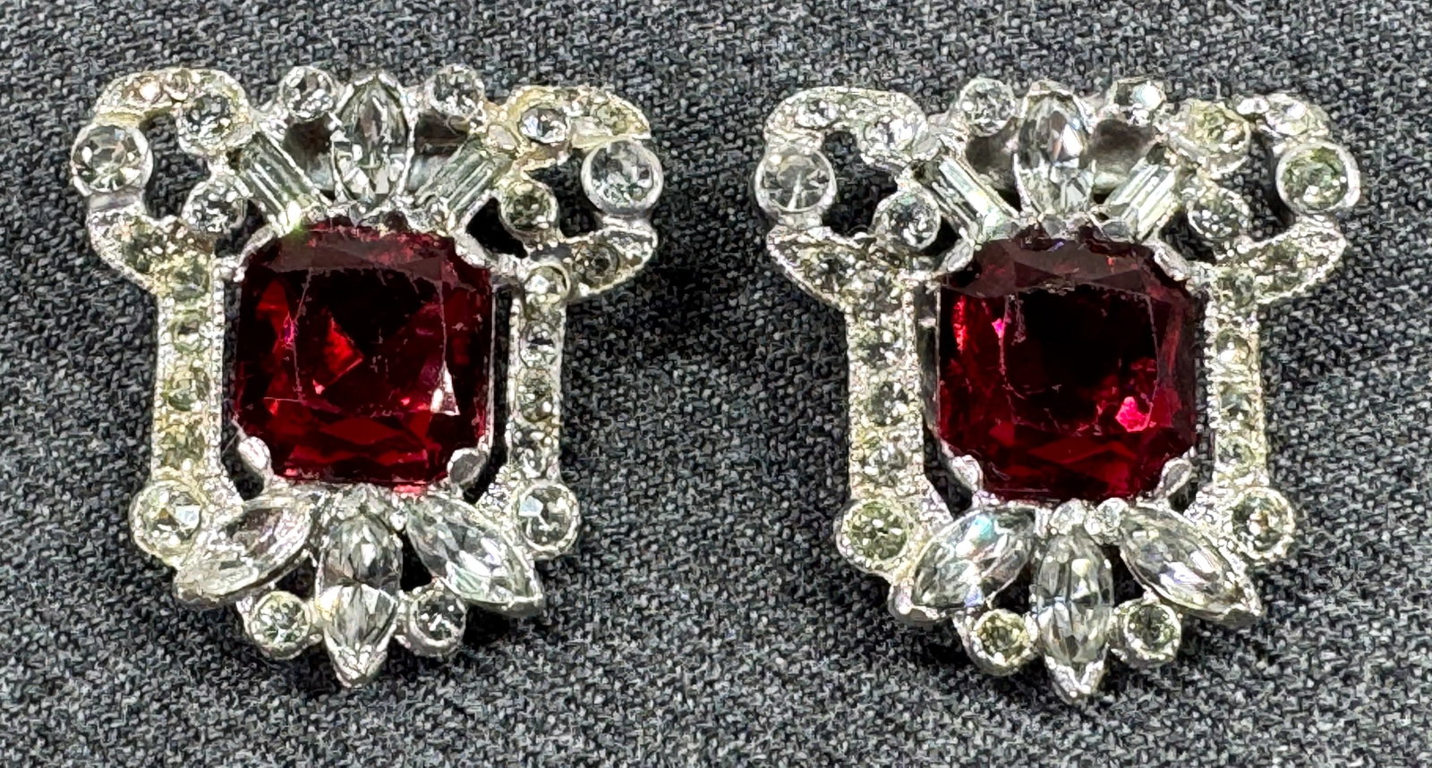 Antique art deco ruby color & crystals silvertoned clip brooches *J: IN HOUSE FLAT SHIPPING & HANDLING COST WITHIN ALL THE U.S. : 7 To bypass LiveShipping, and use our In-House shipping service for 7 or shipping combined for multiple lots, please select “Arrange 
