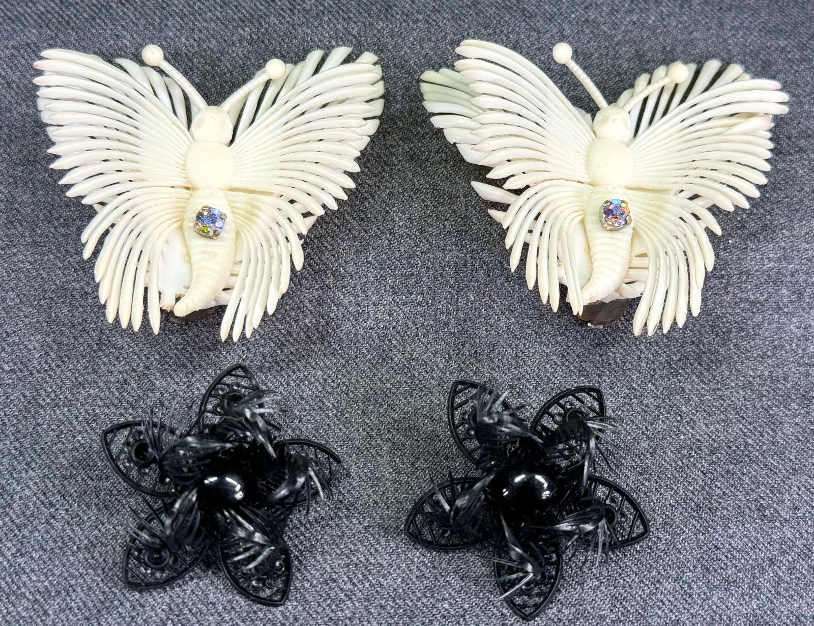 Vintage German AB crystal plastic white large butterfly & black flower clip on earrings.: IN HOUSE FLAT SHIPPING & HANDLING COST WITHIN ALL THE U.S. : 7 To bypass LiveShipping, and use our In-House shipping service for 7 or shipping combined for multiple lots, please select “Arrange 