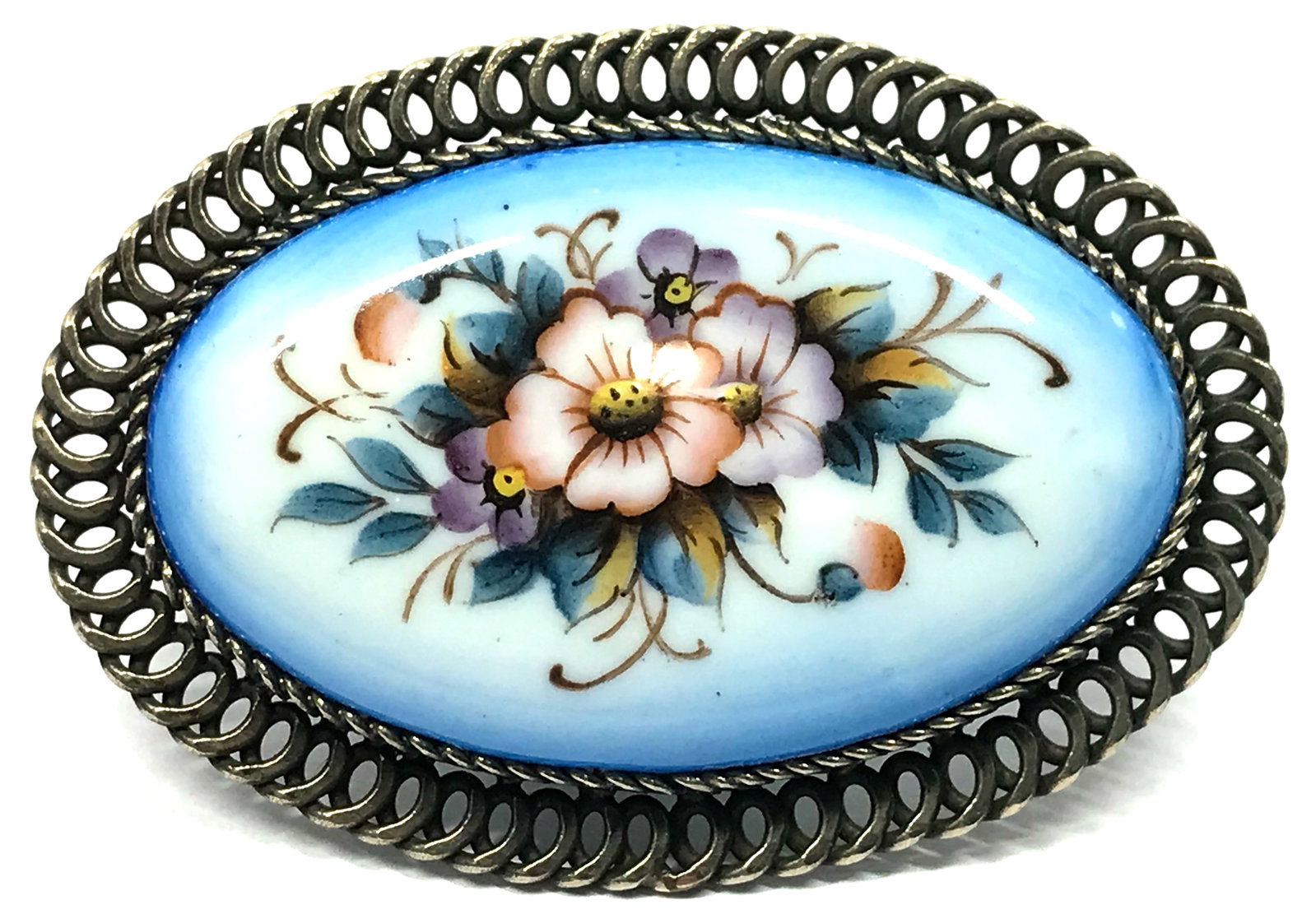 Vintage antique Rostov Finifit hand painted flowers enamel metal filigree frame pin brooch 1AAT (1 of 7)