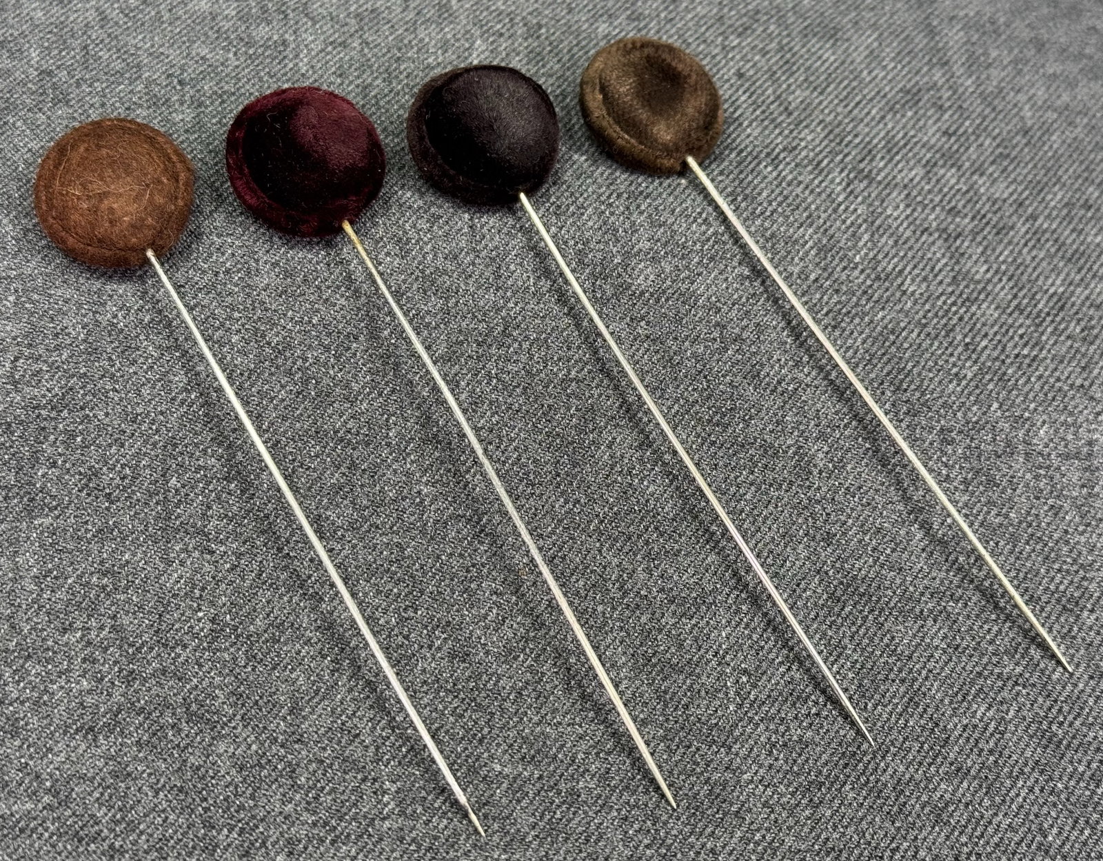 Vintage flapper flat rounded lollipop shaped hat pins hatpins. Assorted brown shades velvet (1 of 4)