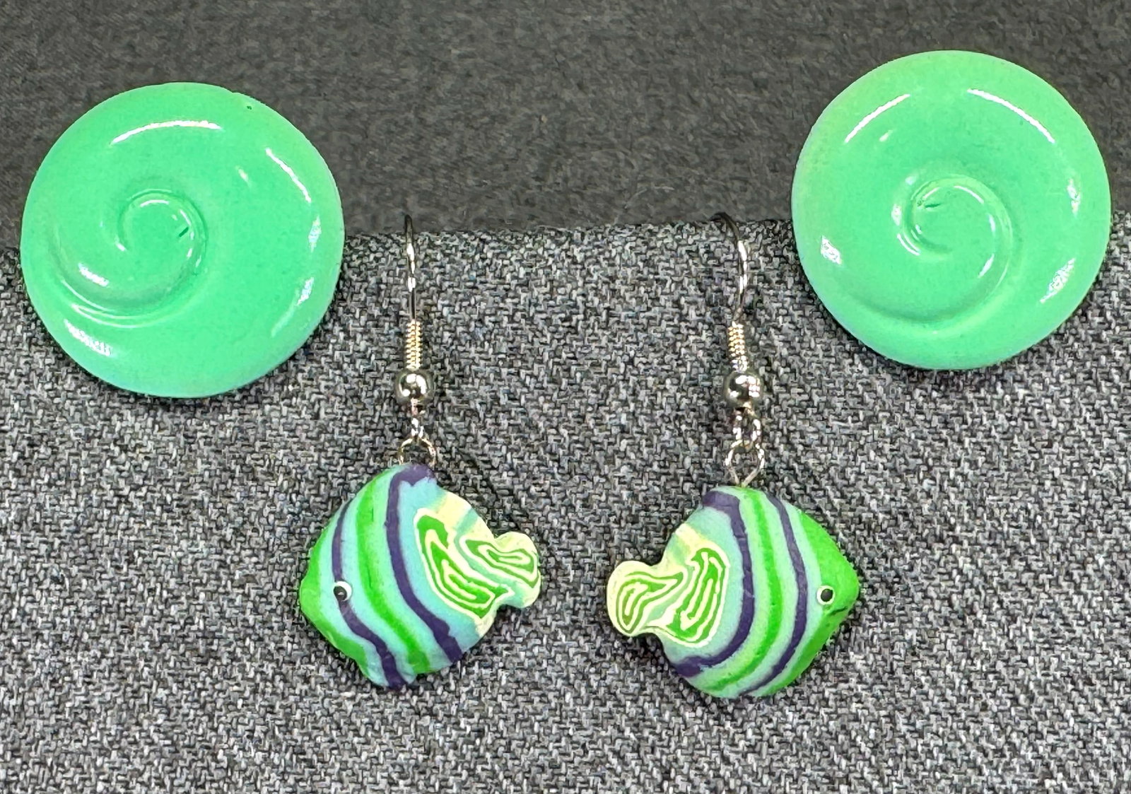 Vintage polymer clay fish hook & aqua resin rounded shell stud earrings (1 of 5)