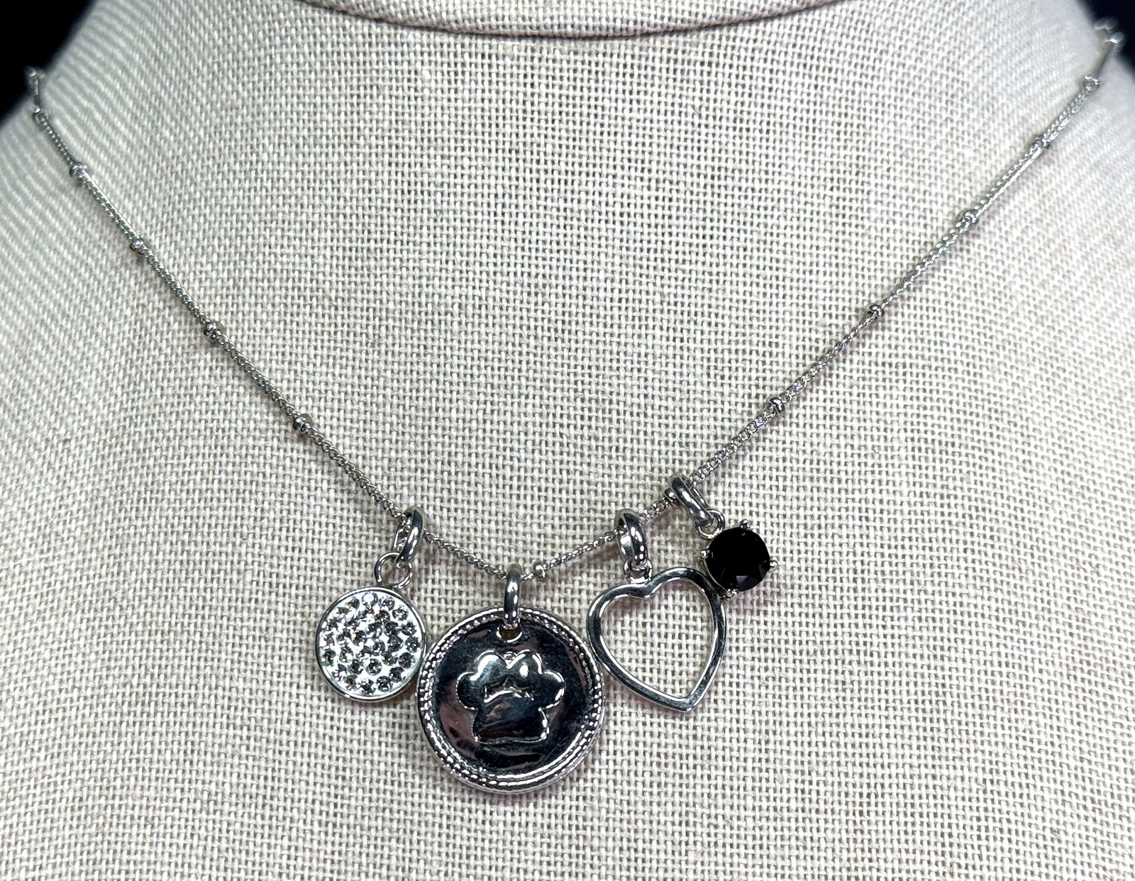 SU CH paw print, heart & other 2 jeweled silvertone metal charms pendants chain strap necklace: IN HOUSE FLAT SHIPPING & HANDLING COST WITHIN ALL THE U.S. : 7 To bypass LiveShipping, and use our In-House shipping service for 7 or shipping combined for multiple lots, please select “Arrange 