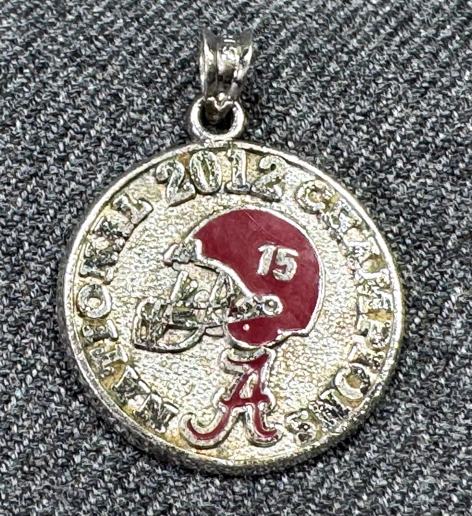2012 Logo Art Alabama Crimson Tide national champions sterling silver charm pendant: IN HOUSE FLAT SHIPPING & HANDLING COST WITHIN ALL THE U.S. : 7 To bypass LiveShipping, and use our In-House shipping service for 7 or shipping combined for multiple lots, please select “Arrange 