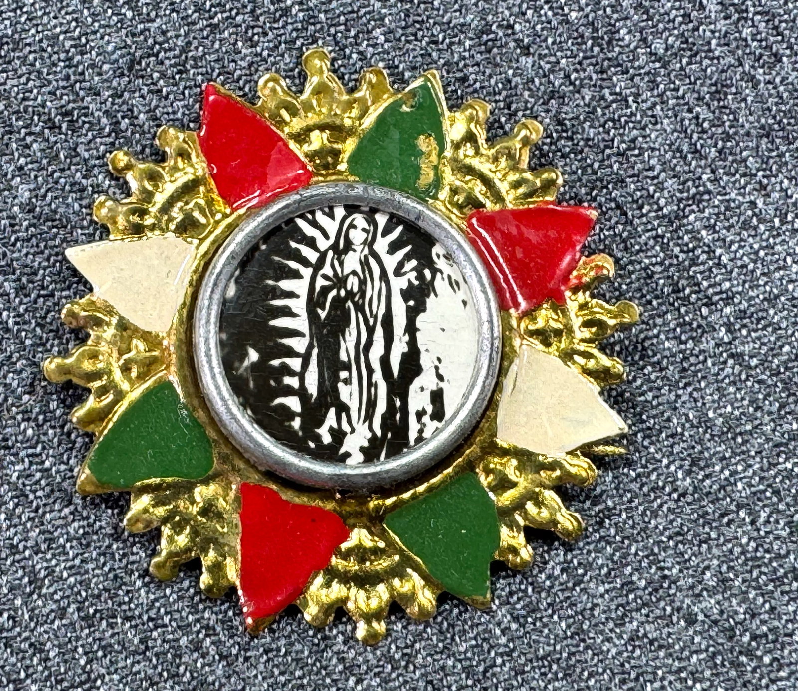 Antique Our Lady of Guadalupe enamel metal flower pin brooch: IN HOUSE FLAT SHIPPING & HANDLING COST WITHIN ALL THE U.S. : 7 To bypass LiveShipping, and use our In-House shipping service for 7 or shipping combined for multiple lots, please select “Arrange 