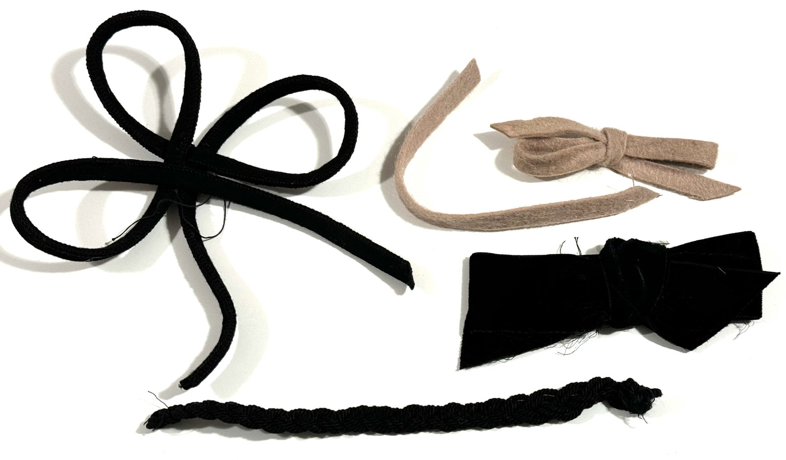 Vintage / Antique millinery assorted felt & velvet bows & cotton braided cord: IN HOUSE FLAT SHIPPING & HANDLING COST WITHIN ALL THE U.S. : 7 To bypass LiveShipping, and use our In-House shipping service for 7 or shipping combined for multiple lots, please select “Arrange 