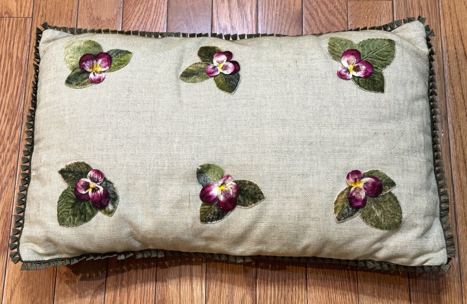 Artisan Velvet Pansy Floral Linen Boudoir Pillow, Green Velvet Back. *L (1 of 6)