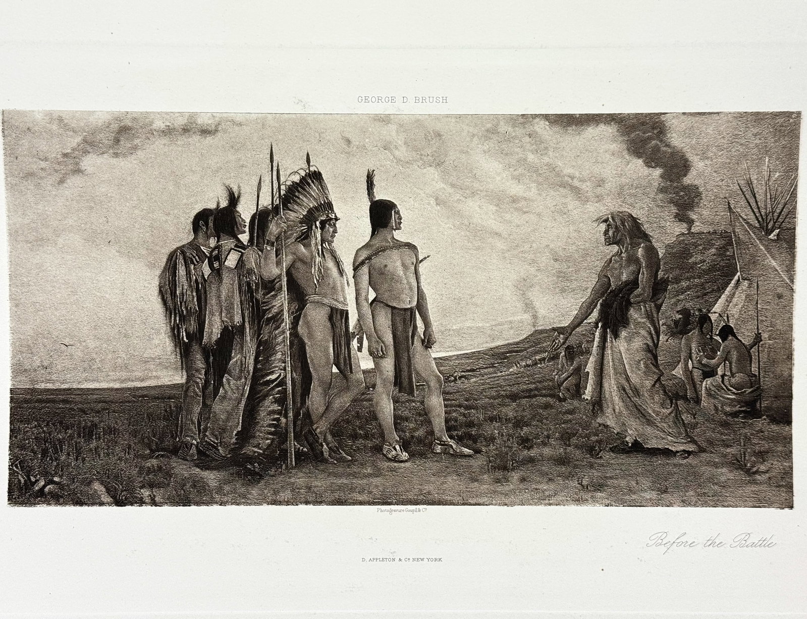 Antique 1890 Before the Battle Native American Photogravure by George de Forest Brush. *L: Antique 1890 Before the Battle Native American Photogravure by George de Forest Brush. For measures please refer to the pictures taken with a measuring tape. IN HOUSE FLAT SHIPPING & HANDLING COST WIT