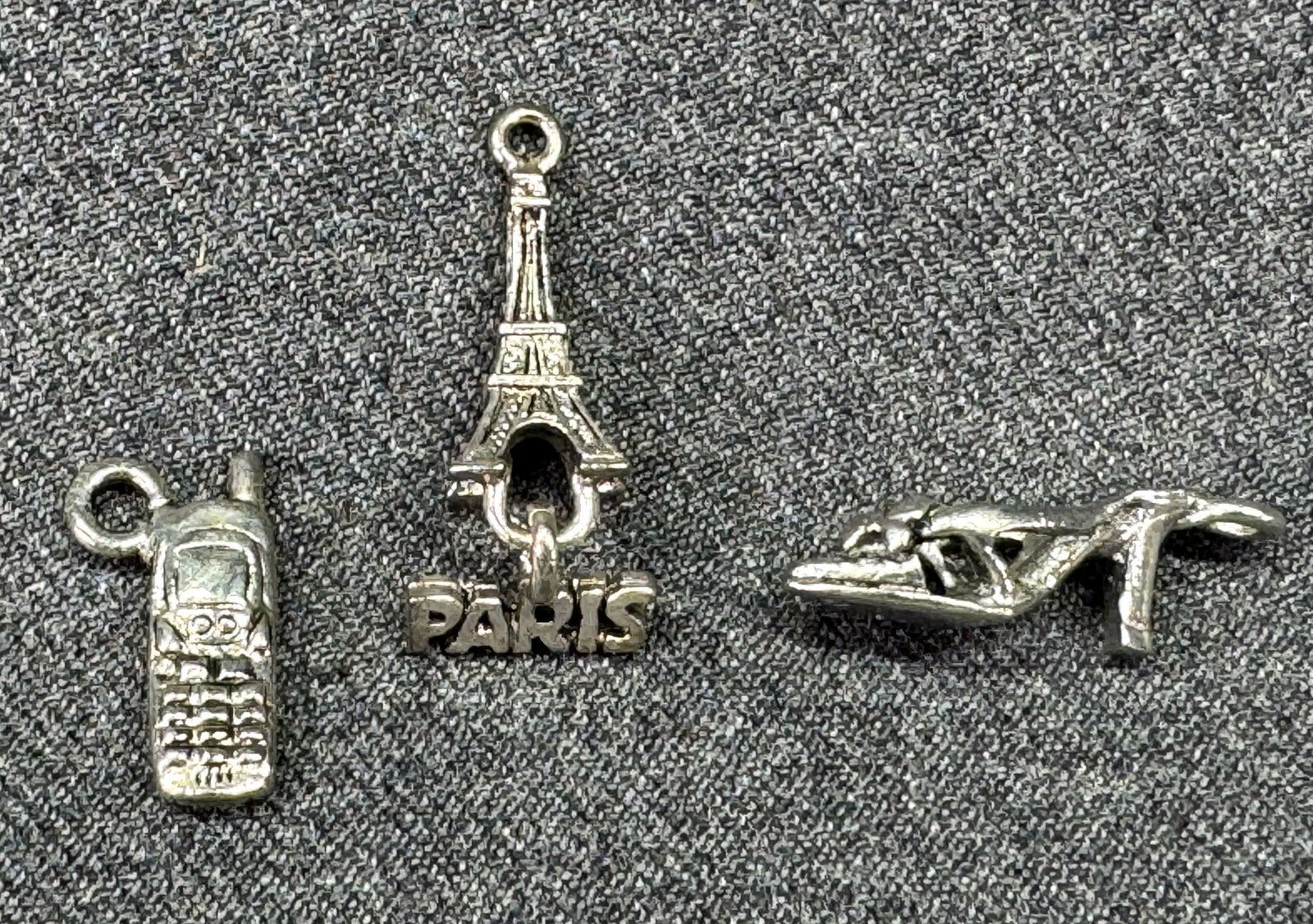 Lot of 3 Silver-Tone Charms: Retro Cell Phone, Paris Eiffel Tower & Stiletto High Heel. *L (1 of 6)