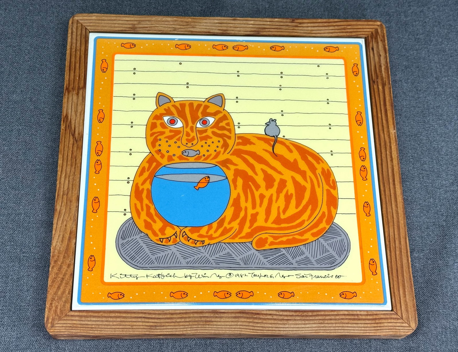 Vintage 1982 Taylor & Ng "Kitty Katfish" Framed Ceramic Tile Trivet by Win Ng. *L (1 of 9)