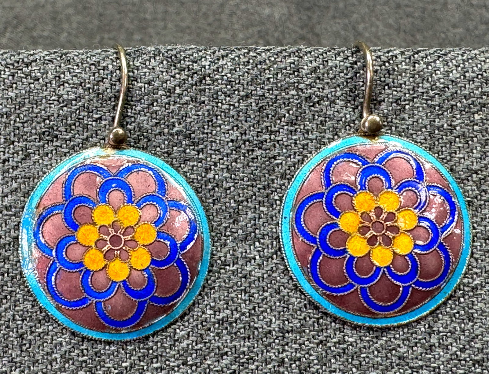 Vintage Shashi Singapuri Enamel Silver Mandala Flower Hook Earrings. *K