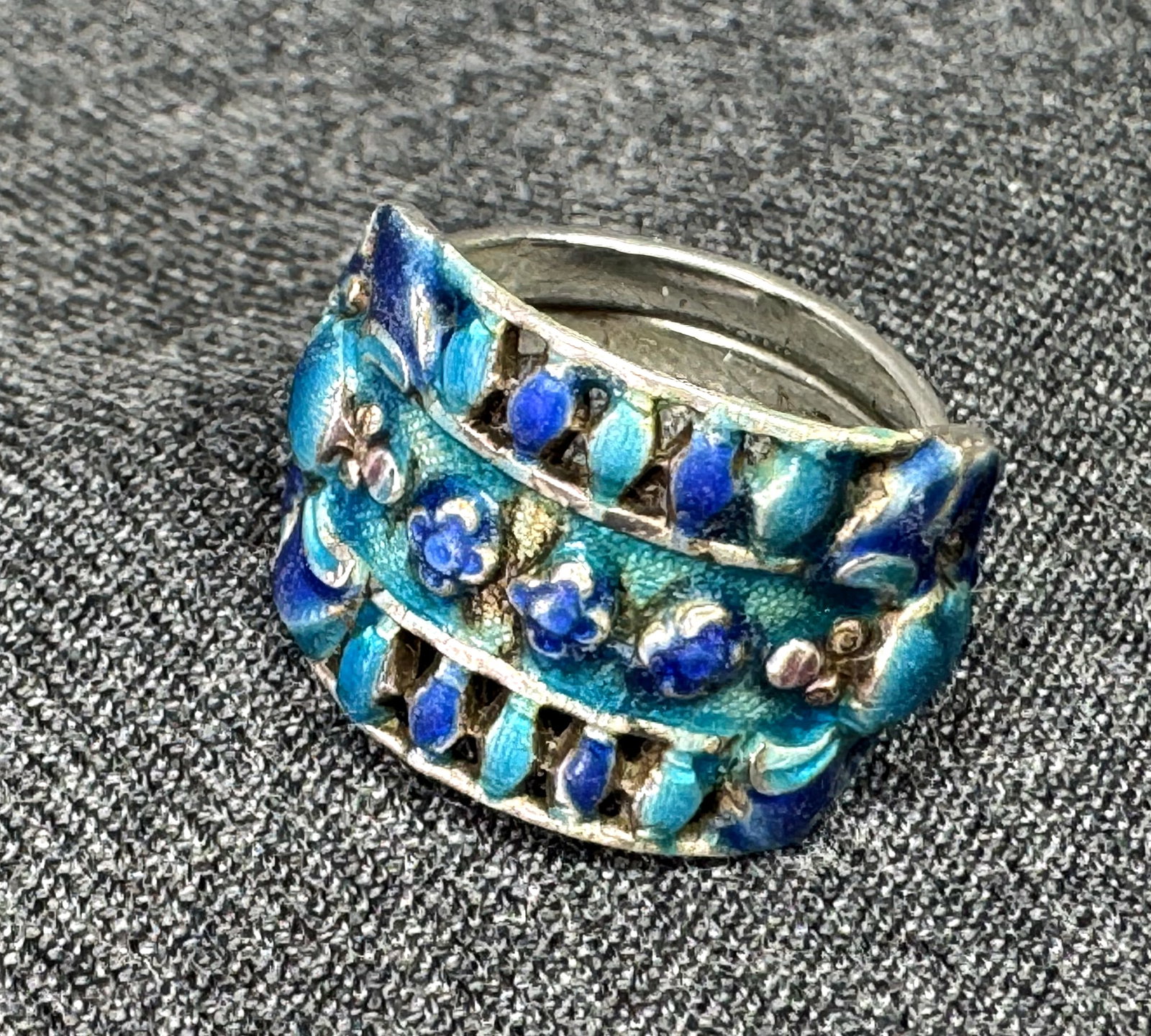 Antique Chinese Export Ring. Bat & Floral. Cloisonné Enamel Sterling. Adjustable. *g