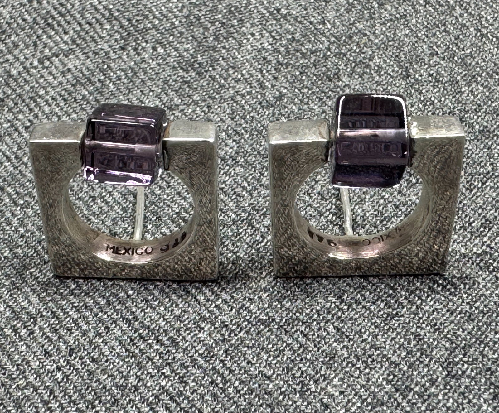Vintage Mexico Modernist Sterling Silver Stud Earrings. Spinner Amethyst. *K