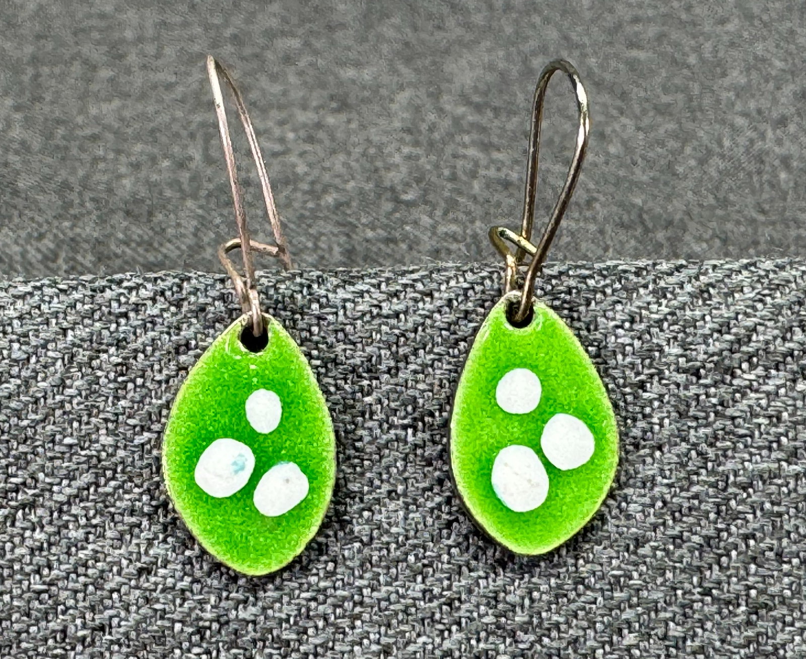 Vintage Enamel 800 Silver Teardrop Earrings. Green Lunaria Pod. *K