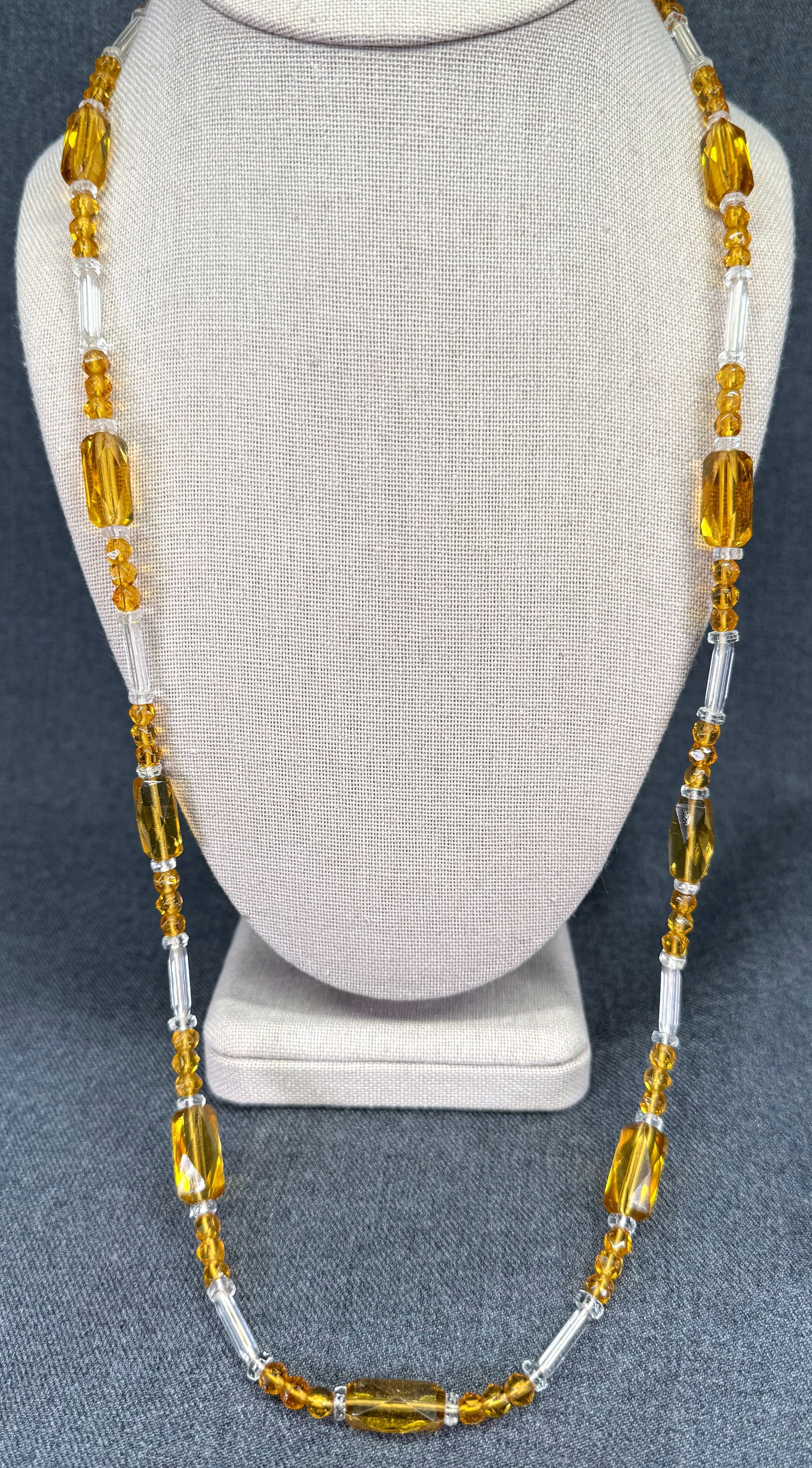Antique Art Deco Flapper Czech Crystal Necklace. Amber Color and Clear. *i: Antique Art Deco Flapper Czech Crystal Necklace. Amber Color and Clear. Unarked. For measures please refer to the pictures taken with a measuring tape. Weight: 33 Grams. IN HOUSE FLAT SHIPPING & HANDL