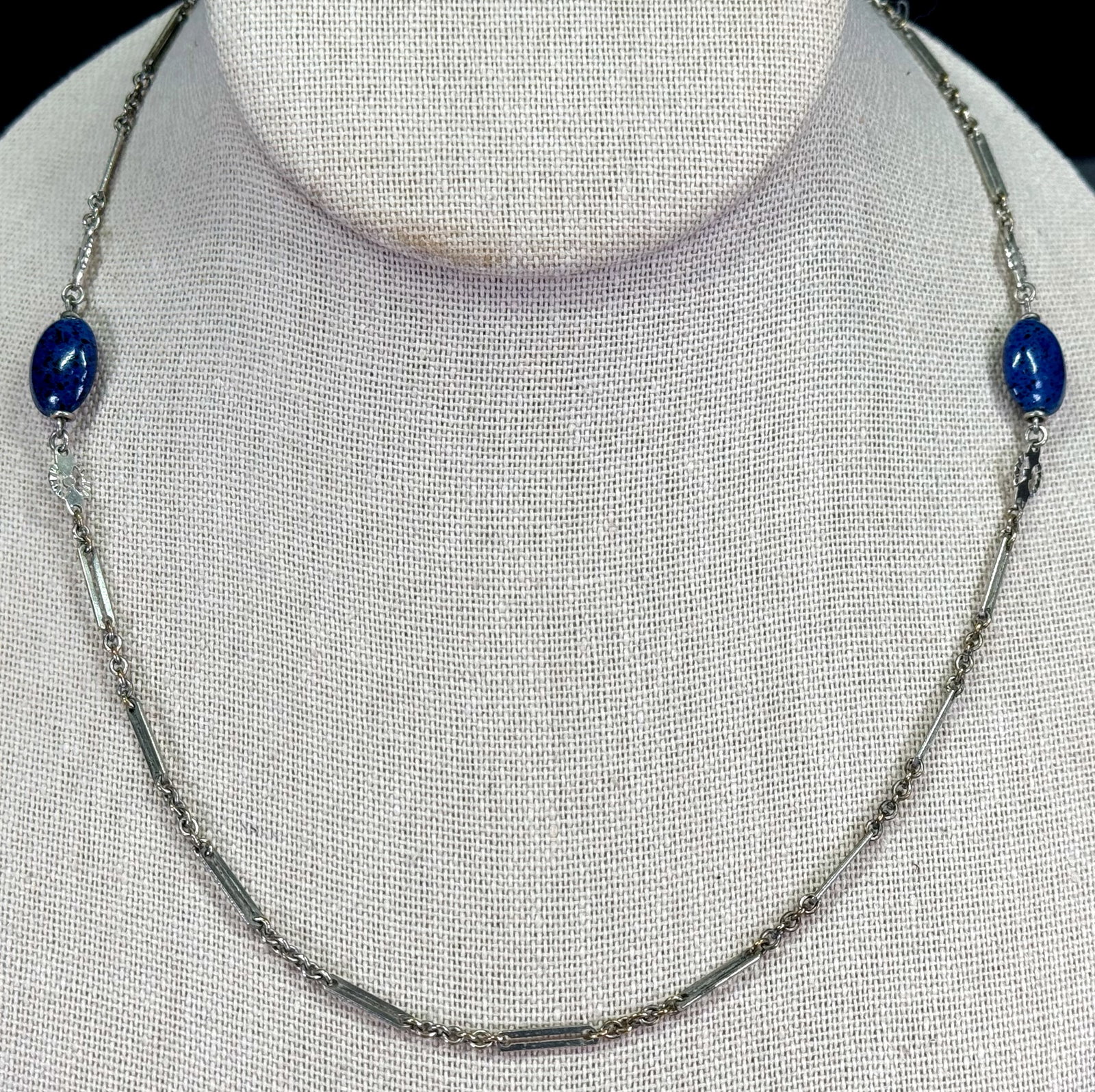Antique German art deco blue glass beads silvertone chain necklace