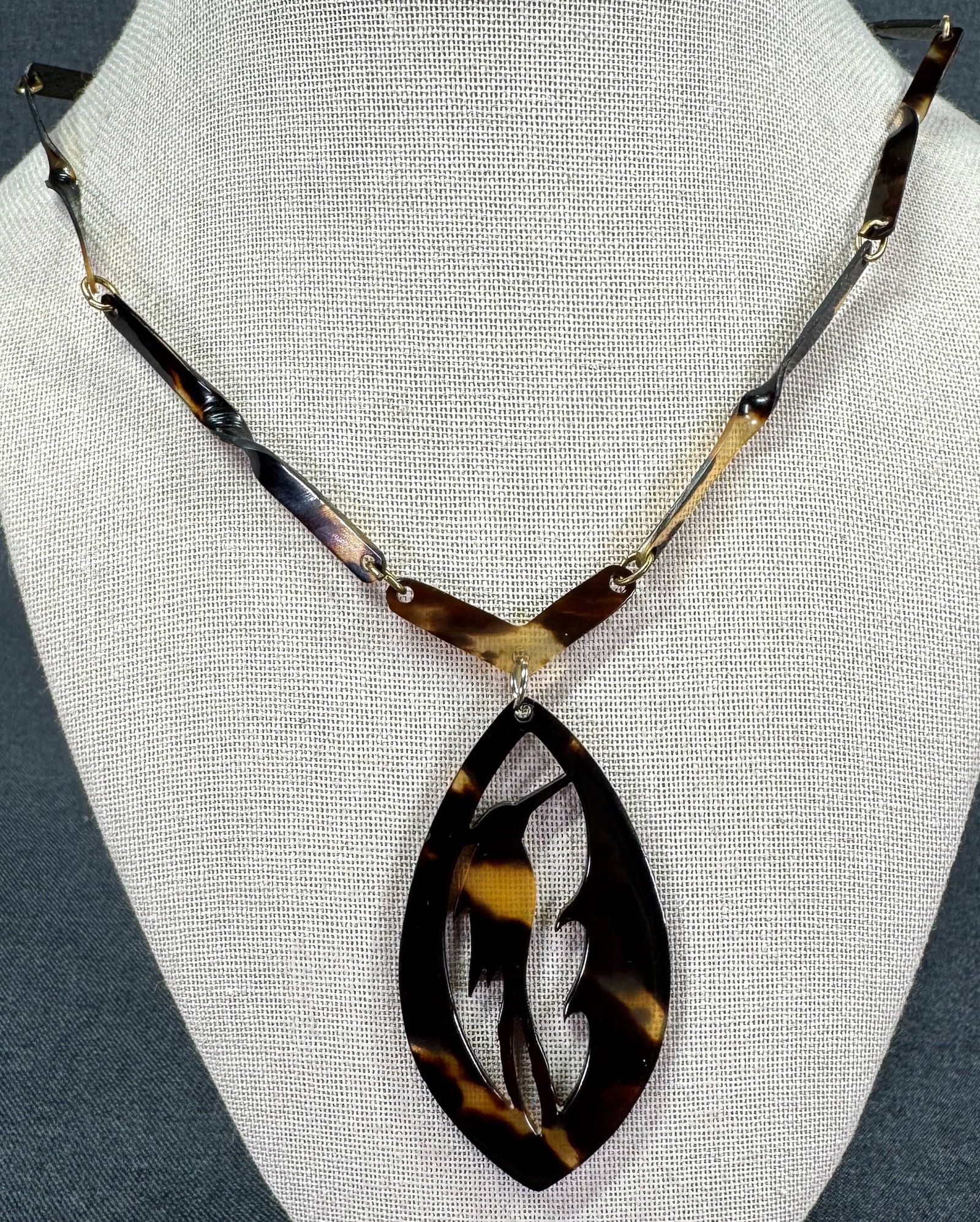 Antique 1920s art deco celluloid stork pendant linked chain strap lavalier necklace