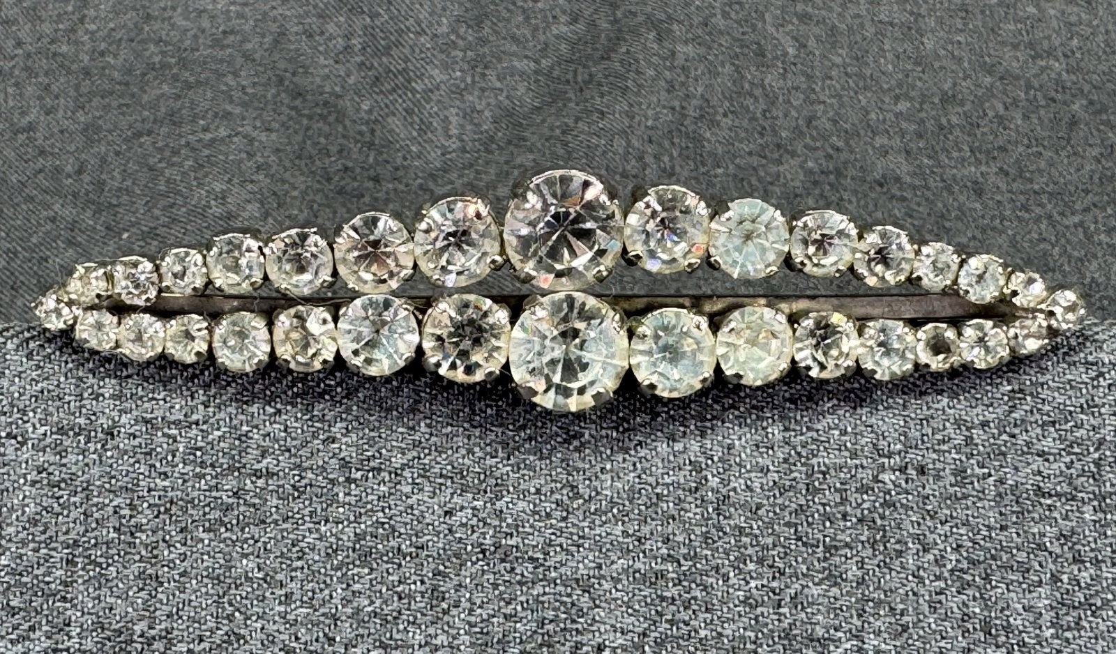 Vintage Art Deco Clear Crystals Open Back Sash Ribbon Slider. 4". Silver-tone. *i