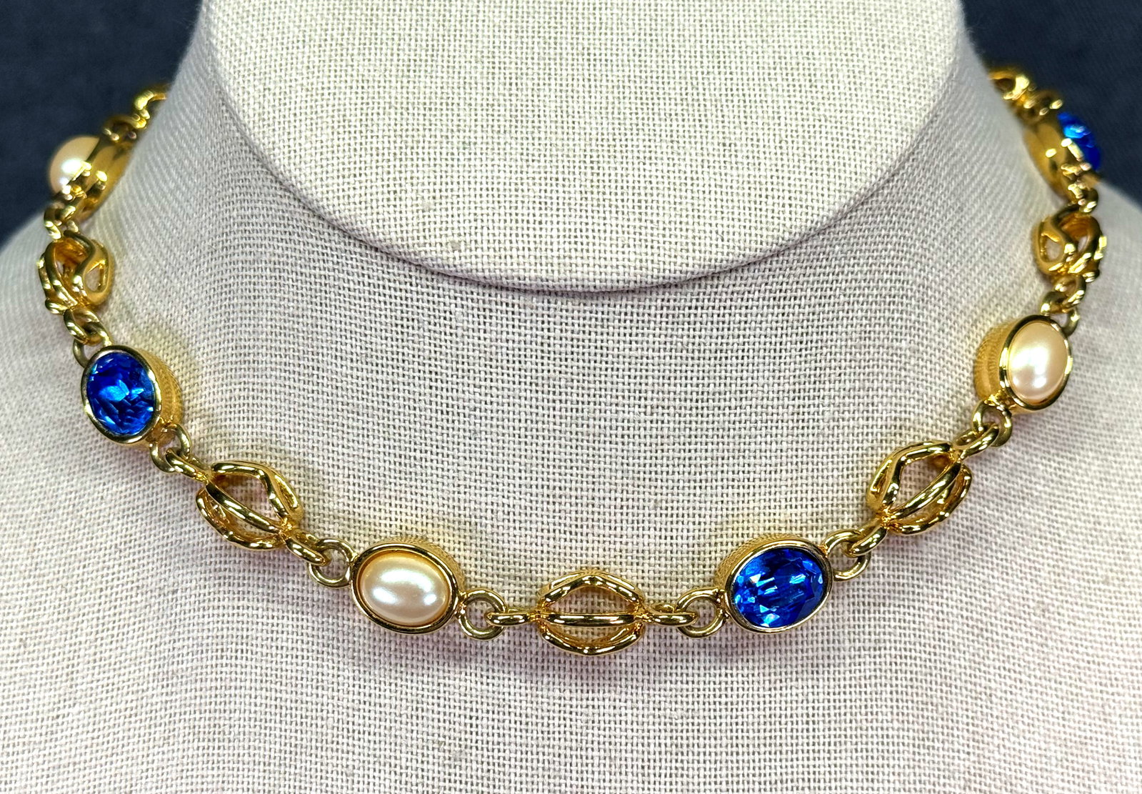 Signed Monet 1980s Station Collar Necklace. Blue Crsytals, pearl, gold-tone. *g (1 of 6)