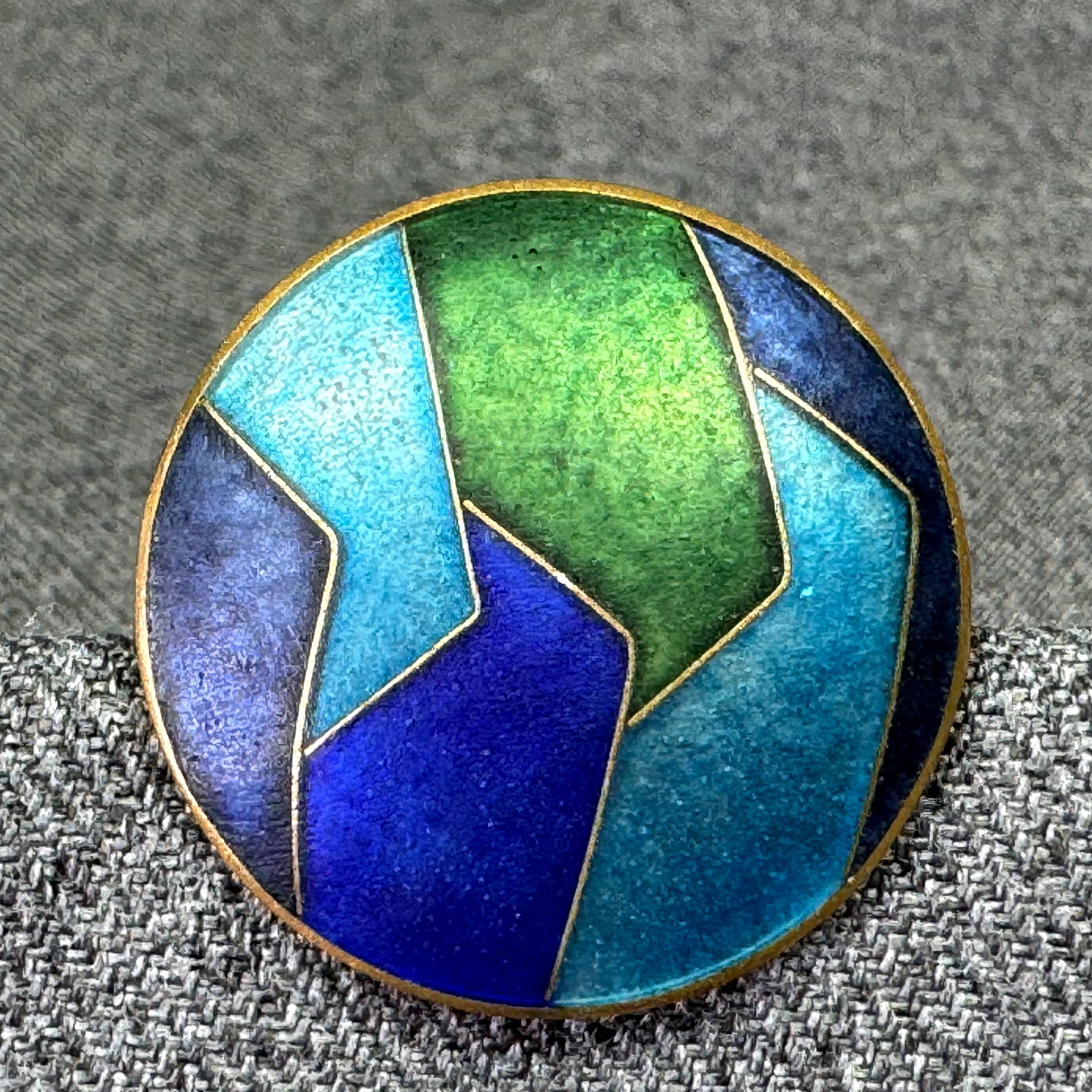 Vintage artsy metallic enamel gold-toned metal dome brooch pin. Marked