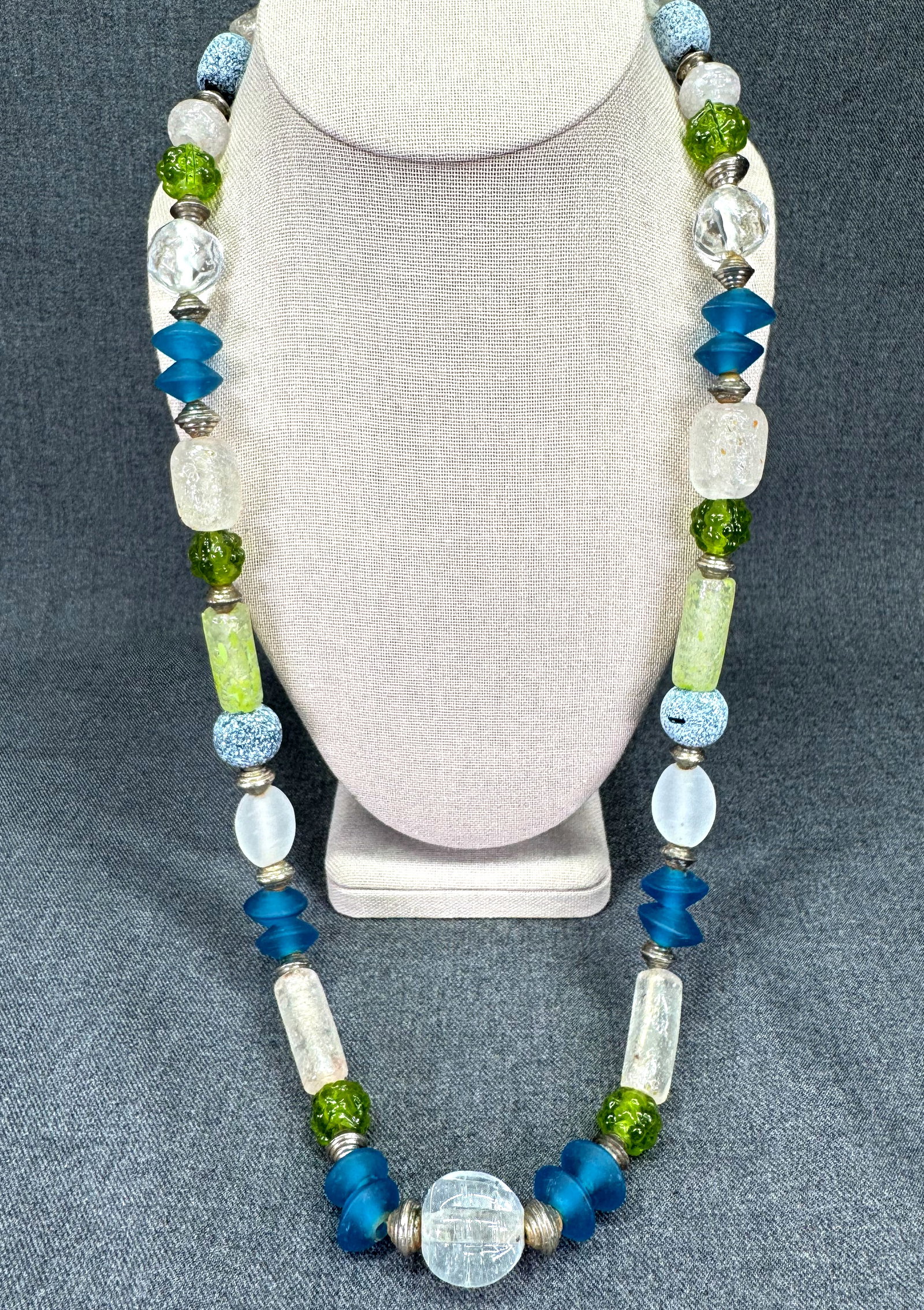 Vintage Coastal Glass Bead Statement Necklace. Teal, aqua, clear, green. Silver accent *K (1 of 5)