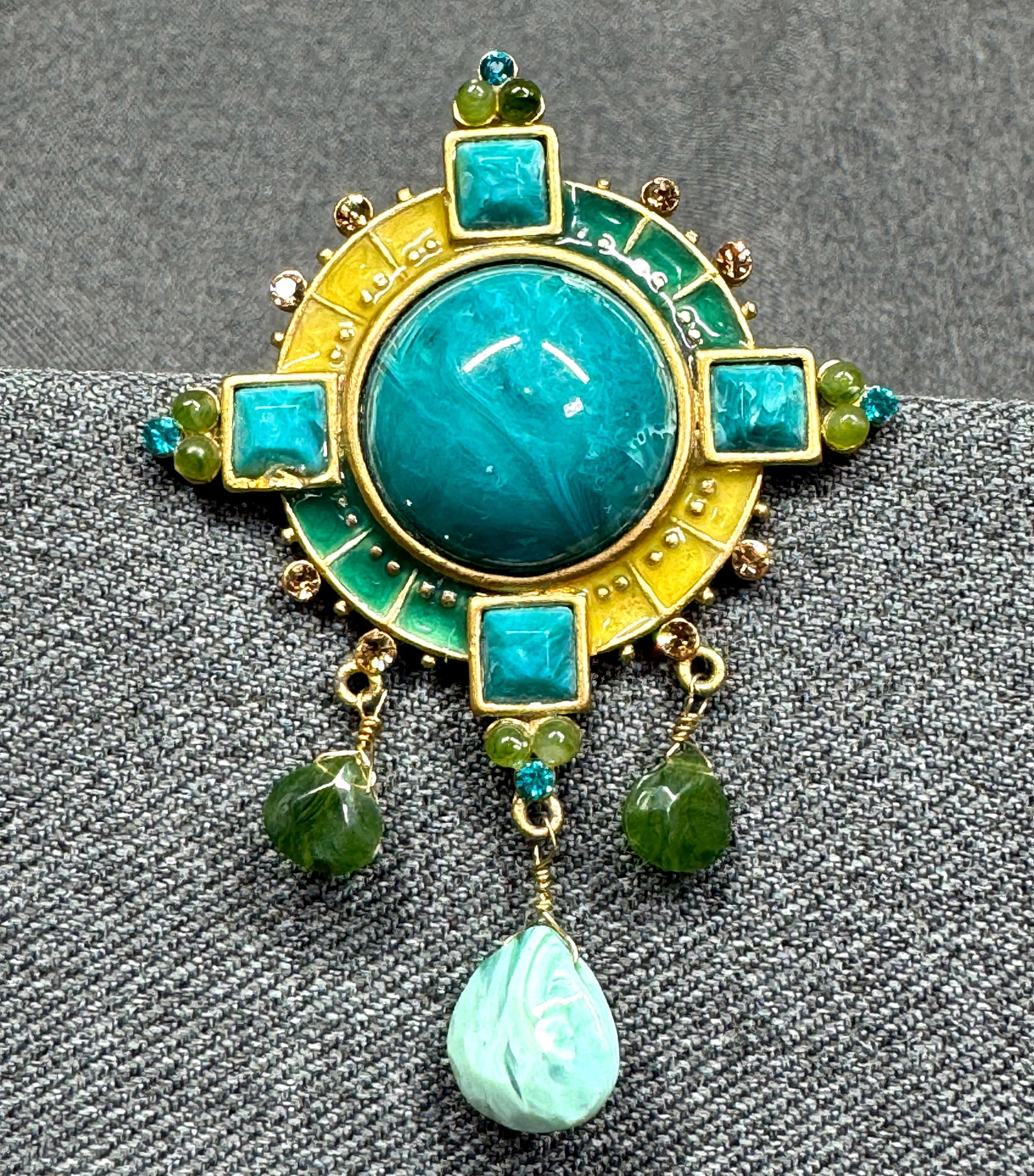 Vintage 1980s Celtic Inspired Cross Brooch with Dangles. Enamel, Gold-tone. *K (1 of 4)