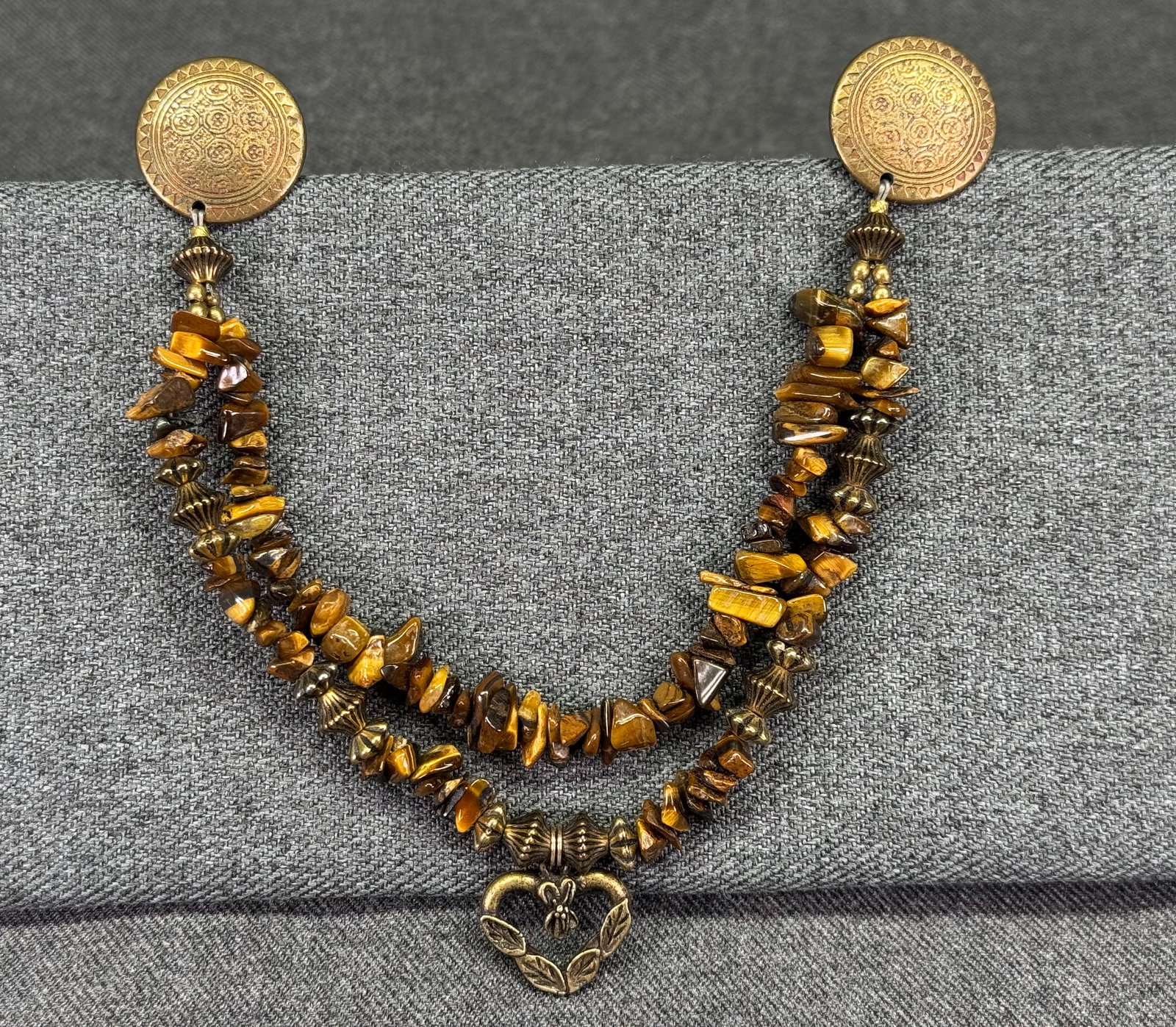 Vintage Boho Bronze Tiger Eye Stone Sweater Guard Lapel Brooch Pin Chain. *i
