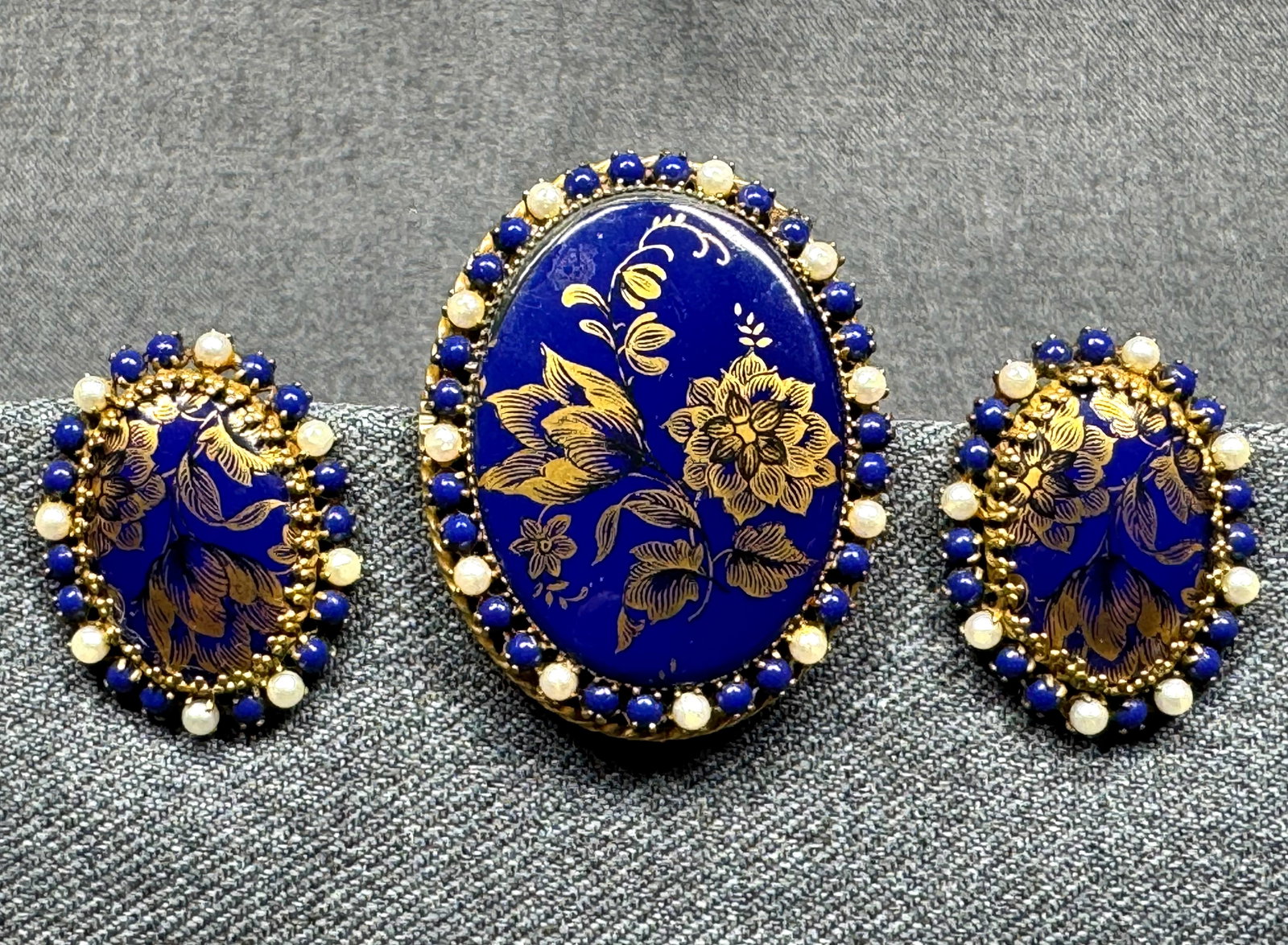 Vintage Original by Robert Blue Golden Floral Brooch / Pendant & Earrings Set. *K (1 of 10)