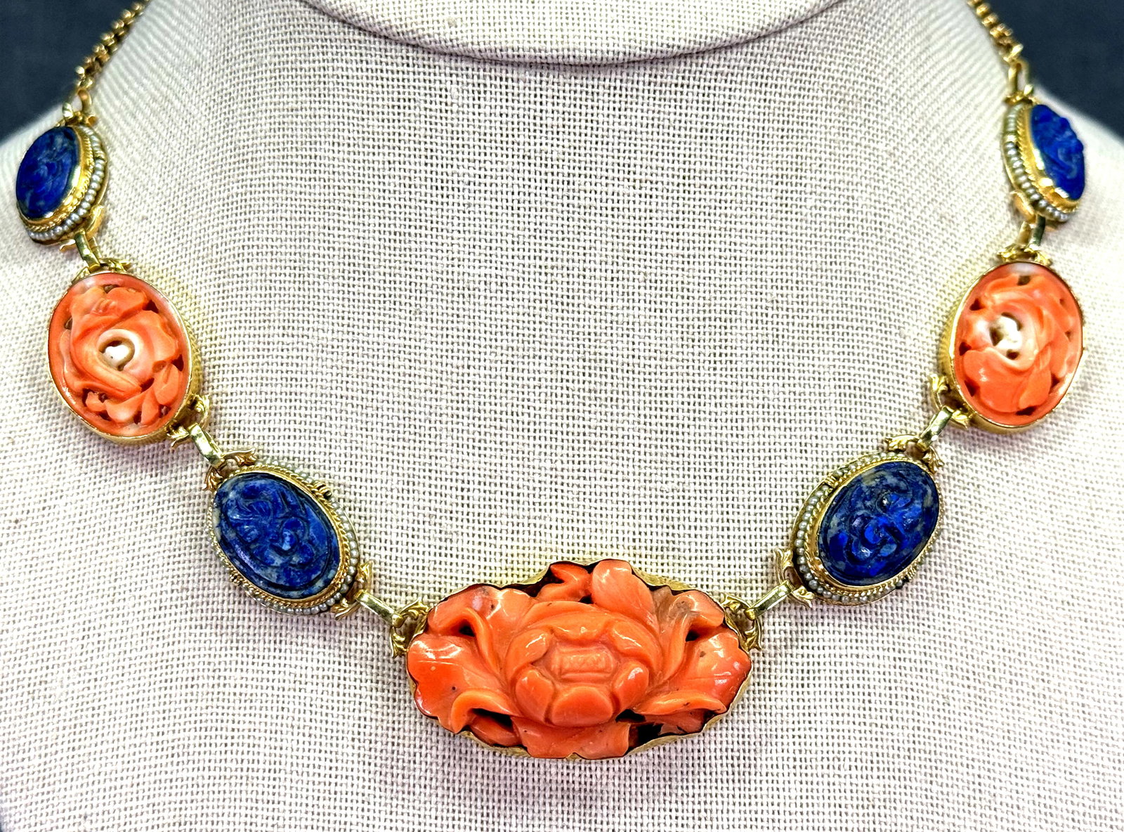 Antique China Export Solid 14K Gold, Coral, Lapis, Seed Pearls Necklace. *K: Antique China Export panel necklace dating from the late Art Deco to the mid-20th century. Solid 14K Gold. Hand-carved floral natural salmon coral panels and blue lapis lazuli cabochons with hand wire