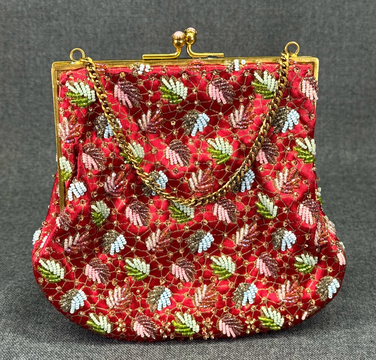 Vintage Duizend Gans Paris Hand Beaded Red Satin Floral Evening Bag Purse. 1950s. *g (1 of 5)