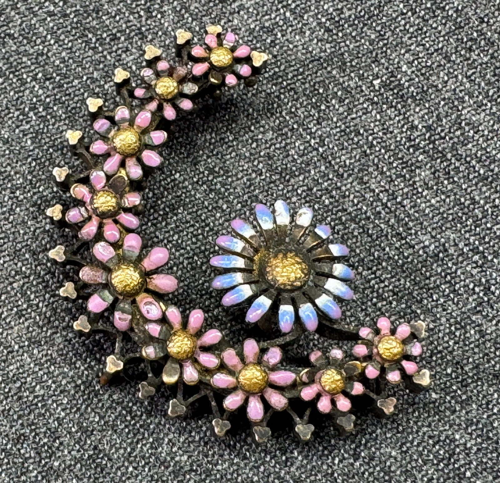 Antique Victorian enamel metal flowers half moon shaped pendant brooch pin. a