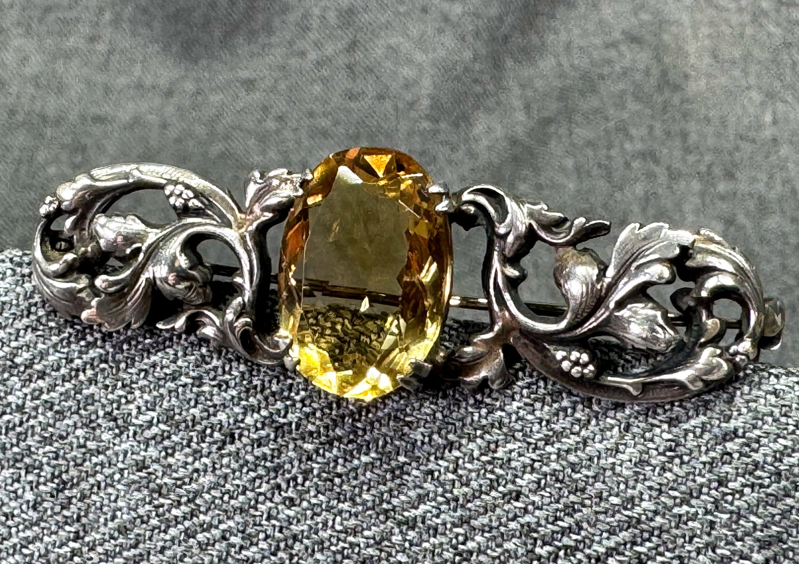 Antique German Art Nouveau Jugendstil 900 Silver Leaf Brooch - Natural Citrine Gemstone. *g (1 of 5)