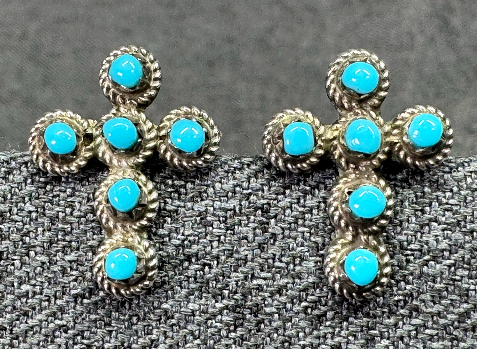 Vintage Zuni Style Turquoise Glass Sterling Silver Cross Stud Post Earrings . *K