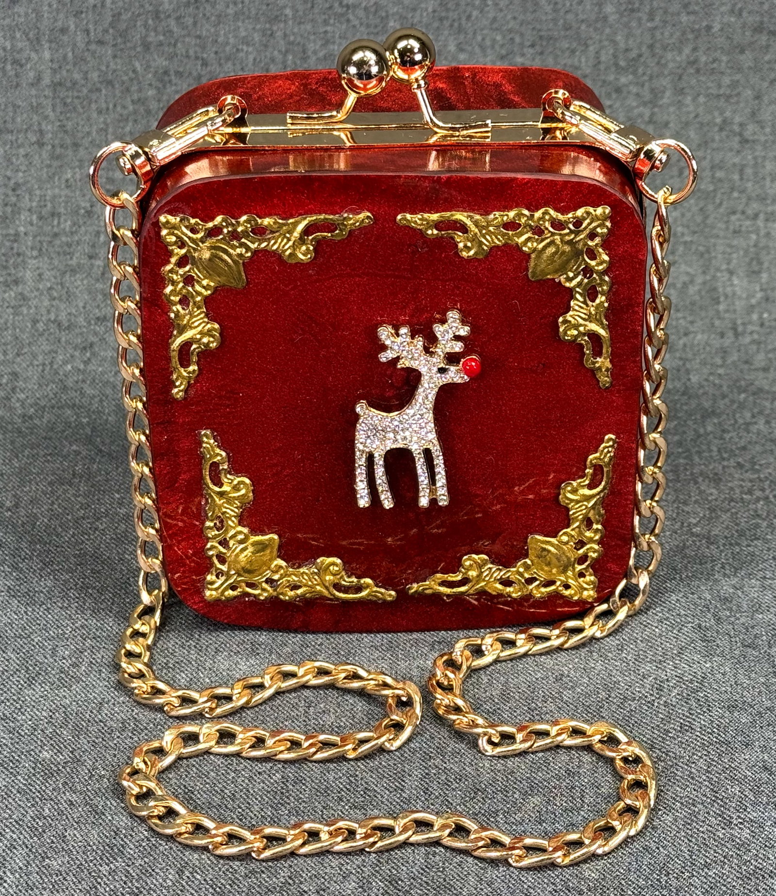 Debra Ruck Resin Christmas Convertible Clutch Bag. Rhinestone Reindeer. *i