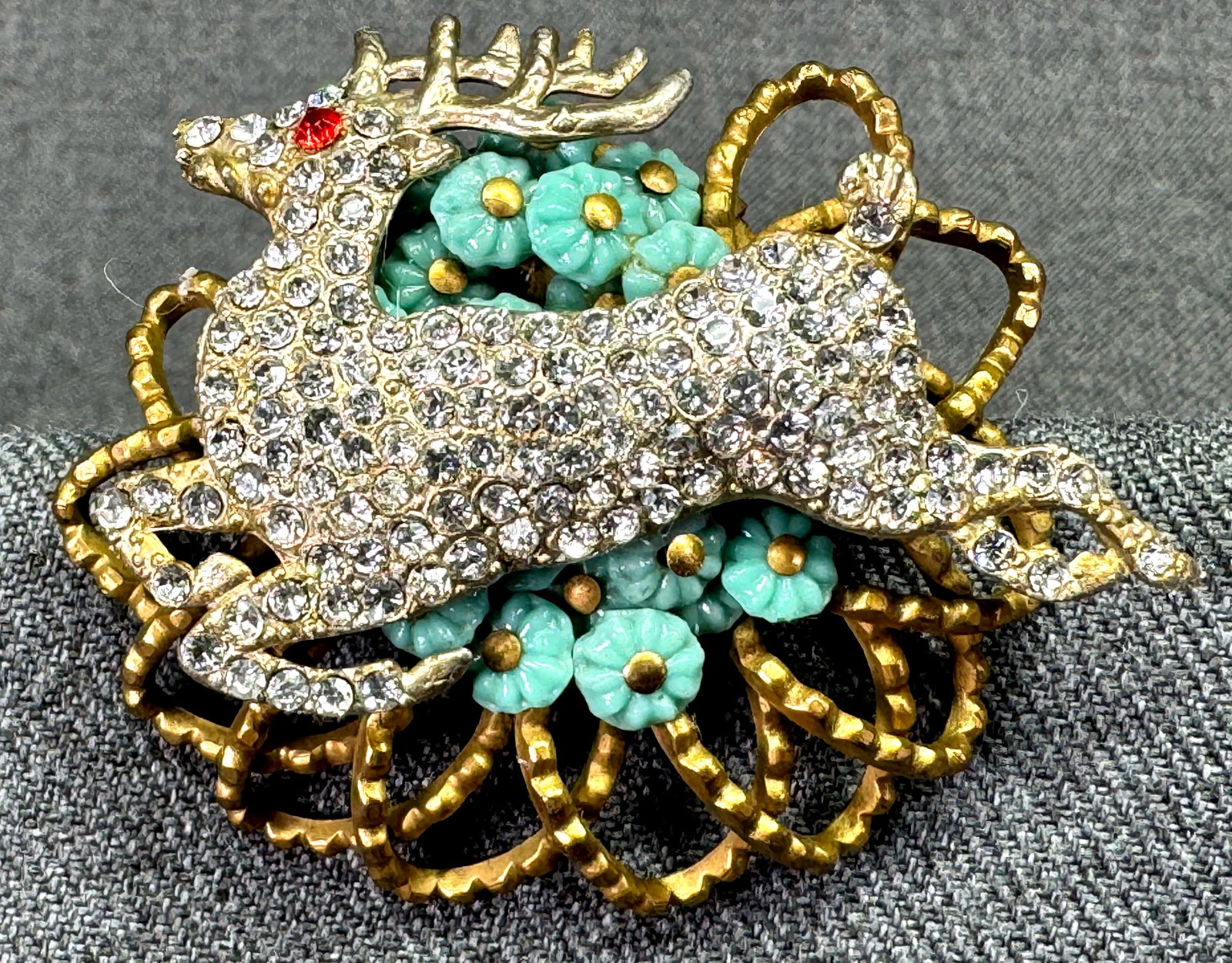 Early Haskell ? crystals reindeer setting in turquoise glass flowers gold-toned brooch pin