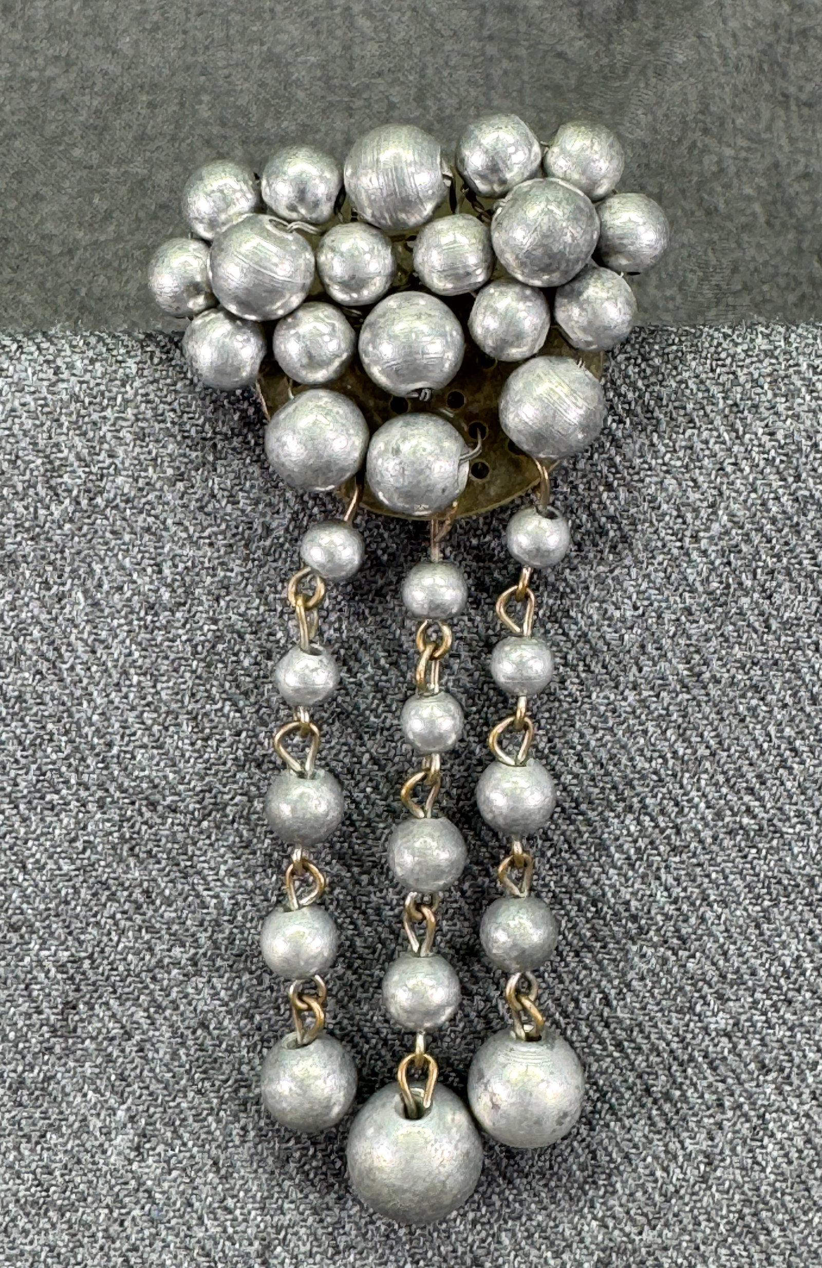 Antique art deco machine age Bengel style metal beaded brooch pin. Silver -toned. *e (1 of 4)