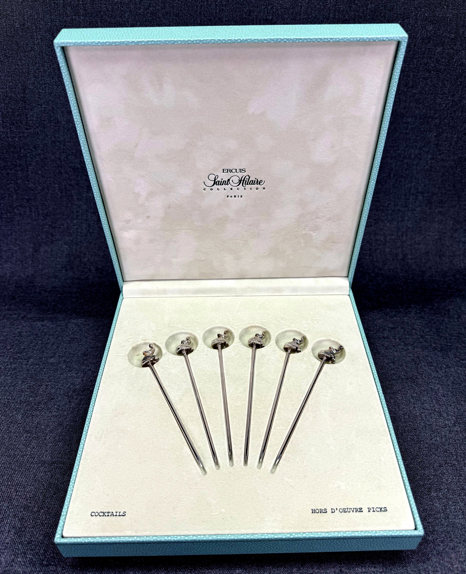 Ercuis Paris Saint Hilaire Elephant Silver Plate Hors d'Oeuvres Picks. Set of 6 in Box. *i