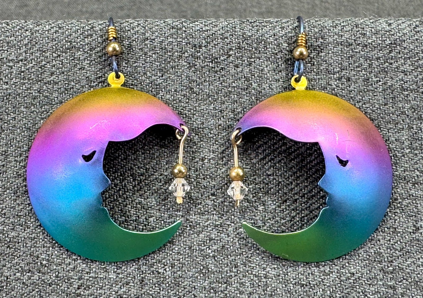 Vintage Spectore Anodized Titanium Rainbow Crescent Moon Face Earrings. In Card *i