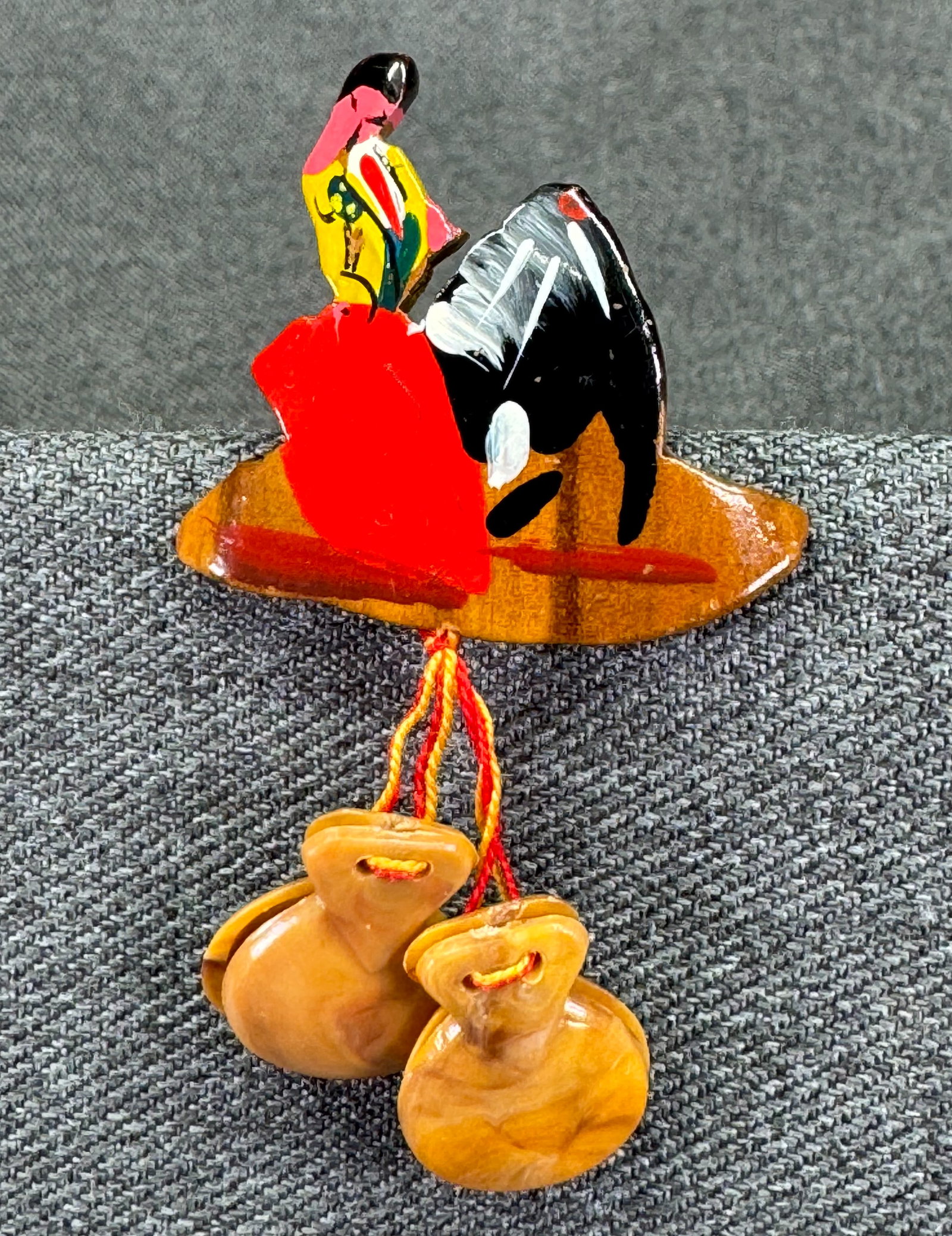 Vintage Spain Painted Wood Bullfighter Brooch Pin with Hanging Celluloid Castanets. *i: Vintage Southwest Art Kokopelli Enamel Brooch Pin Multi Color. Unmarked. For measures please refer to the pictures taken with a measuring tape. Weight: 4 Grams. IN HOUSE FLAT SHIPPING & HANDLING COST 