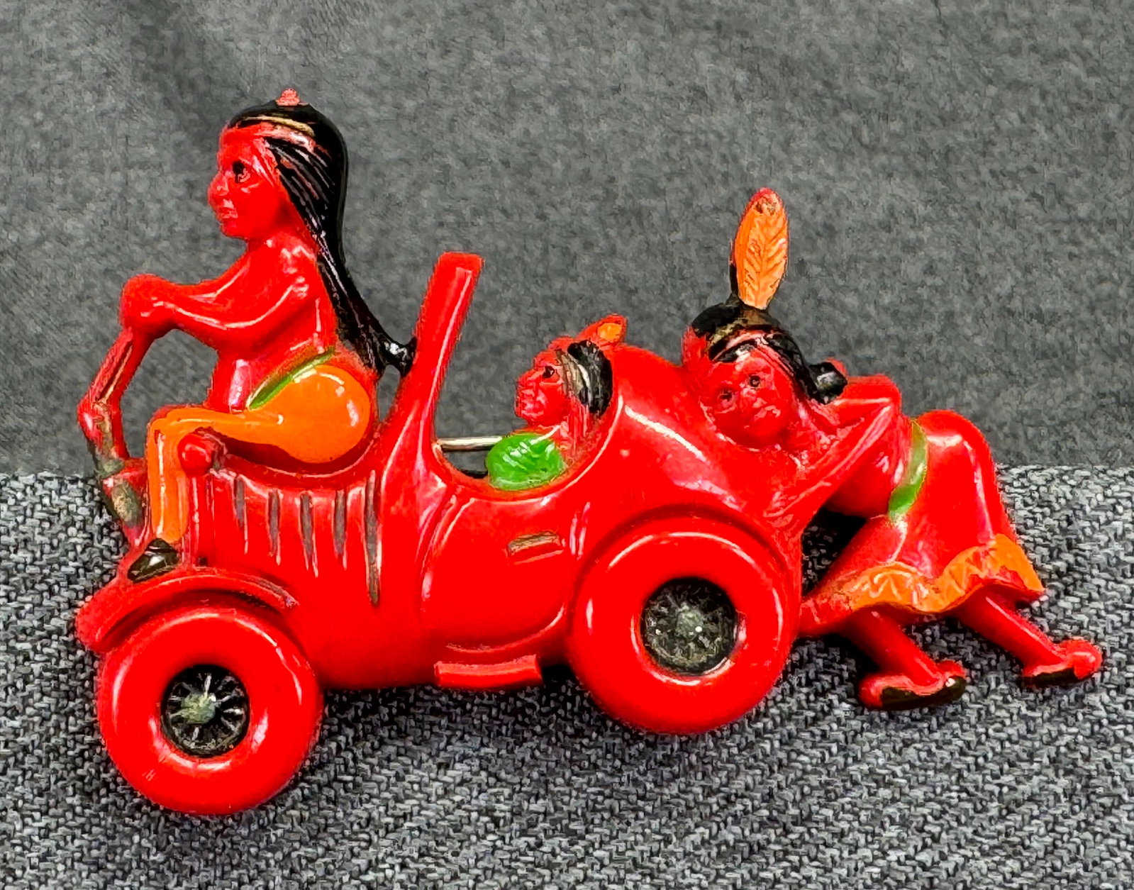Vintage Celluloid Native American Kids Playing Car Brooch Pin (1 of 4)