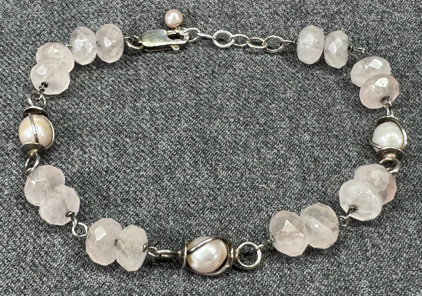 Artisan crafted rose quartz rondelle, baroque pearl sterling silver bracelet. *a