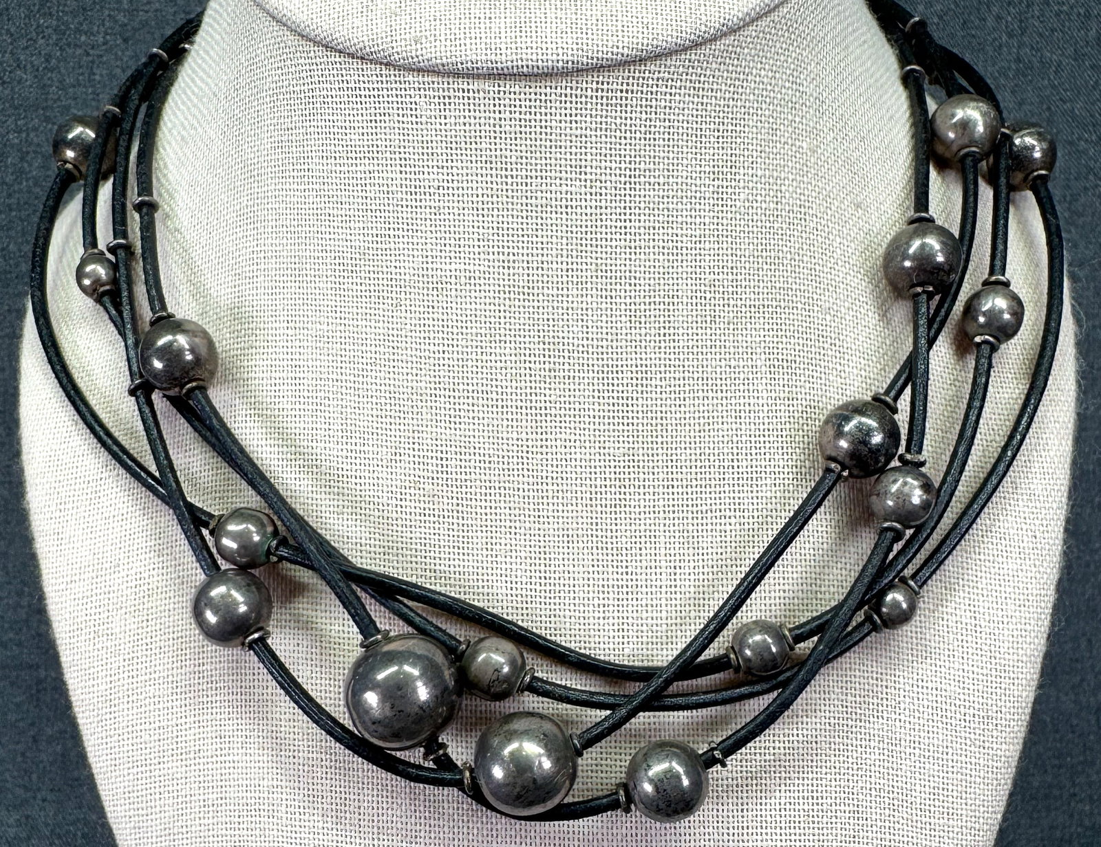 Vintage space age style sterling silver balls, leather cord bib necklace. *c (1 of 8)