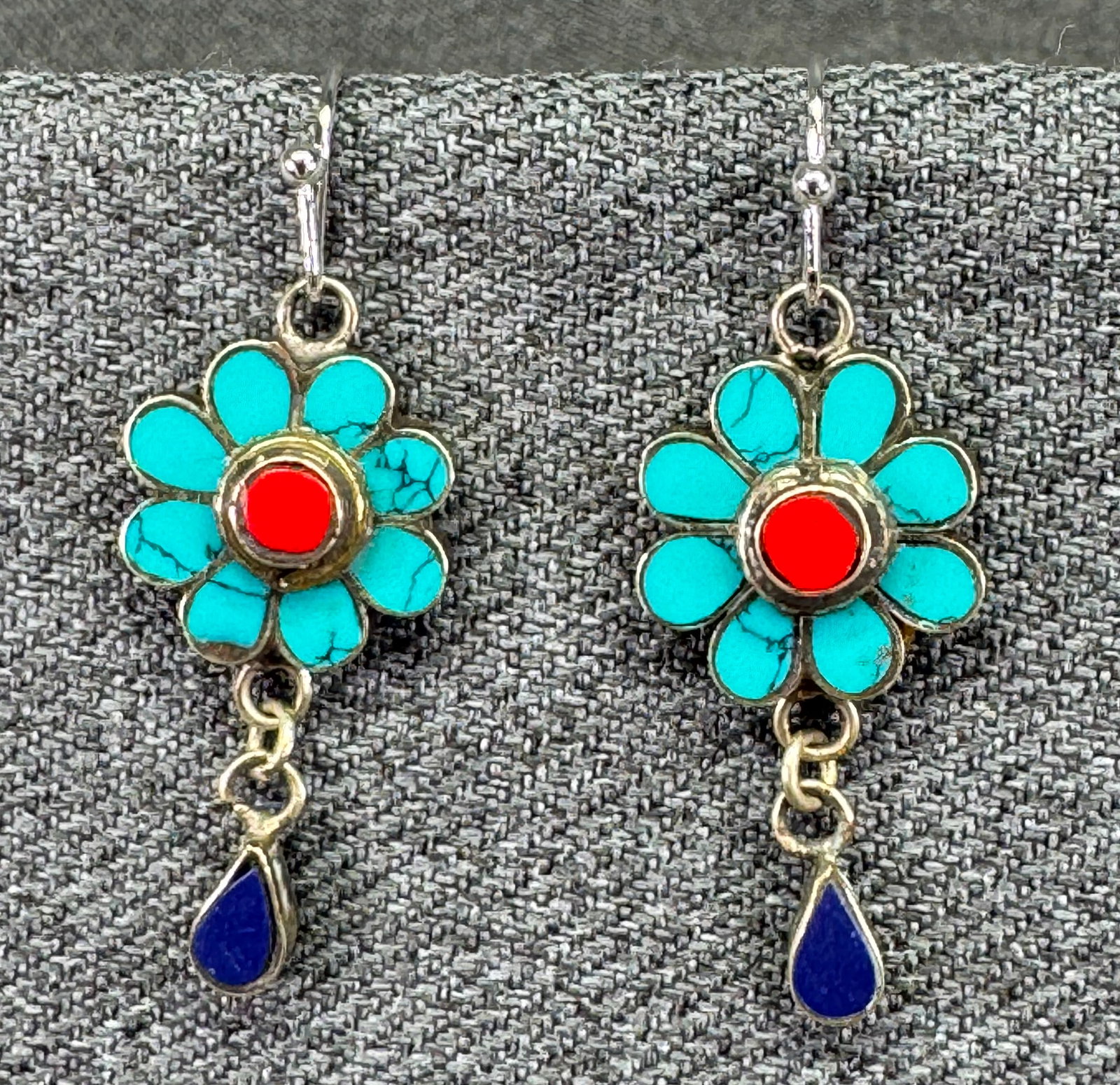 Ethnic Style Simile Turquoise Coral Lapis Lazuli Floral Drop Earrings. *i