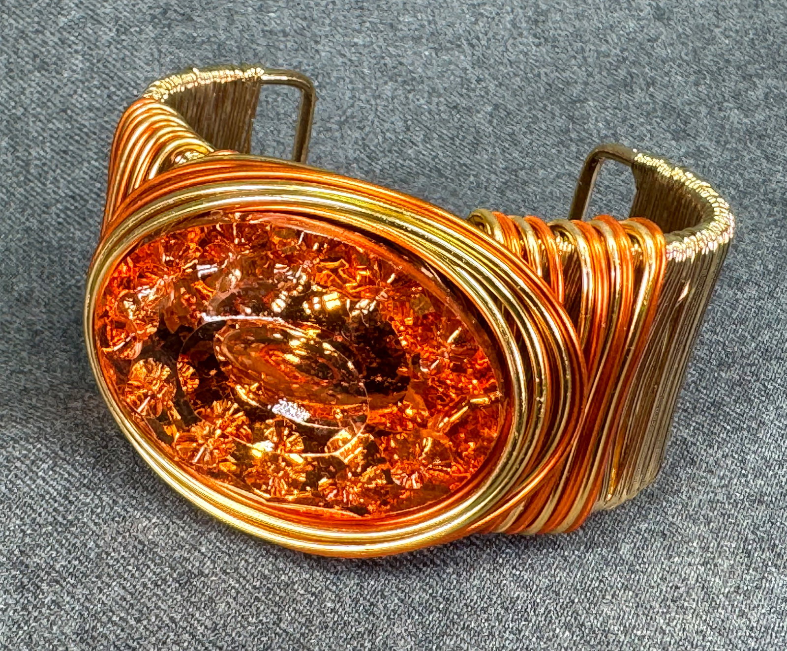 Bohemian Artisan Wire Wrapped Orange Glass Cuff Bracelet. *i
