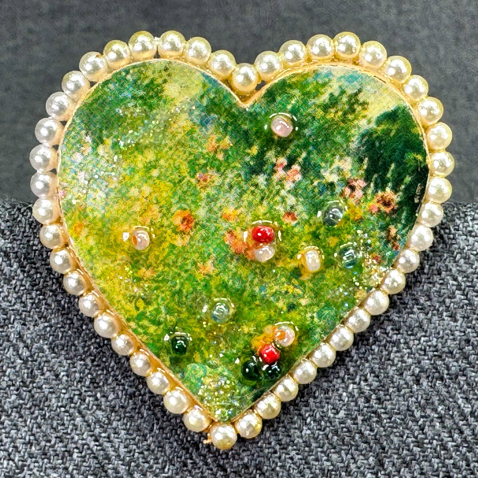Vintage artist C. Monet style heart brooch pin. Cardboard, pearly beads . *e