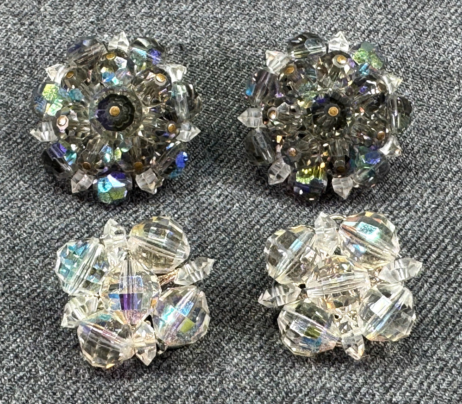 Vintage Laguna AB crystals and clear flower clip earrings: IN HOUSE FLAT SHIPPING & HANDLING COST WITHIN ALL THE U.S. : $7 To bypass LiveShipping, and use our In-House shipping service for $7 or shipping combined for multiple lots, please select “Arrang