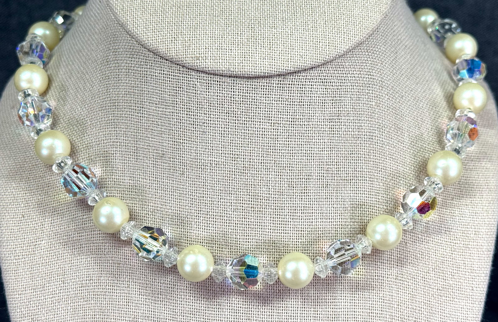 Vintage filigree clasp Ab crystals & pearly beads collar necklace