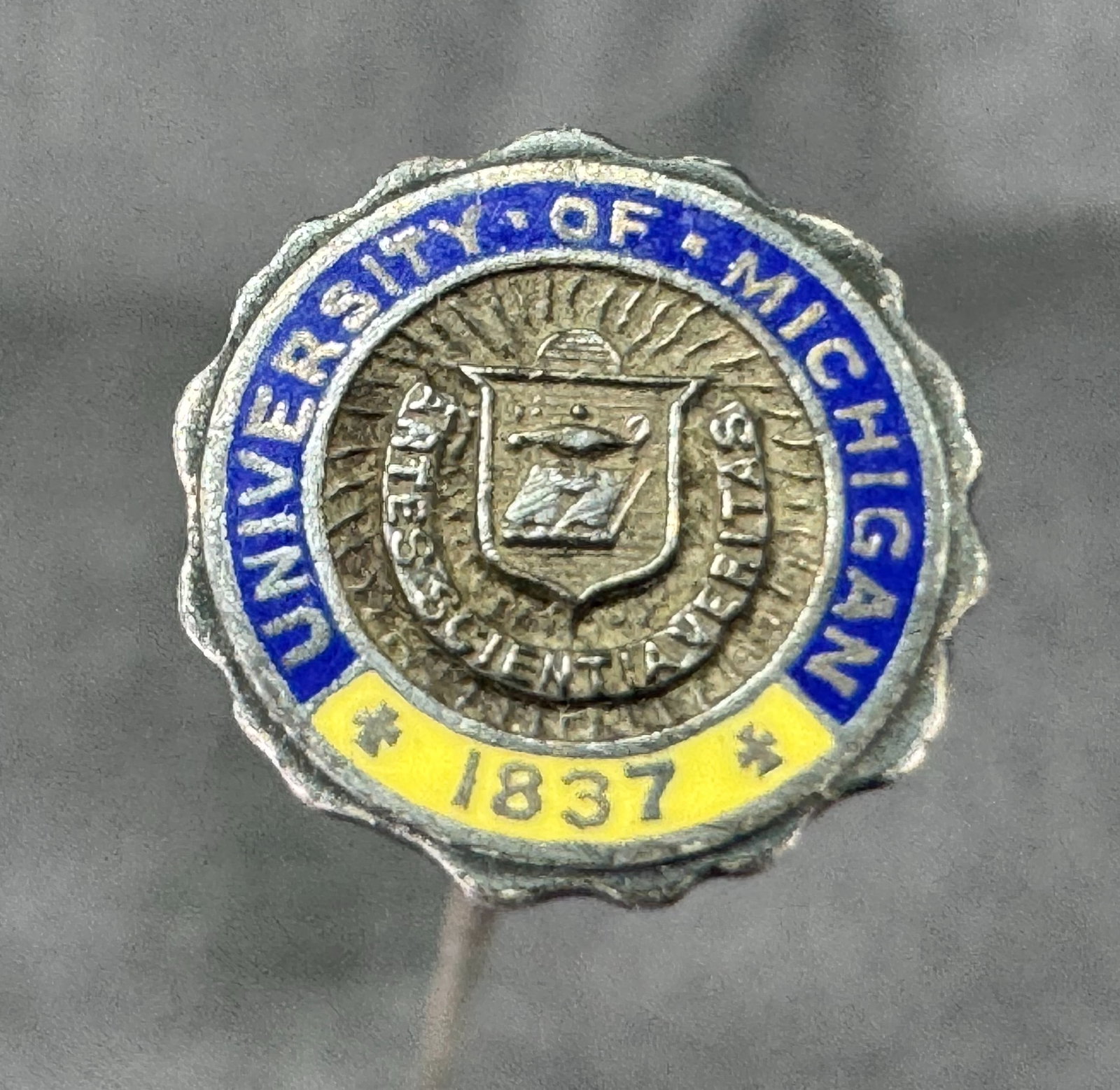 Antique WM Arnold enamel sterling University of Michigan Ann Arbor 1837 seal hat pin