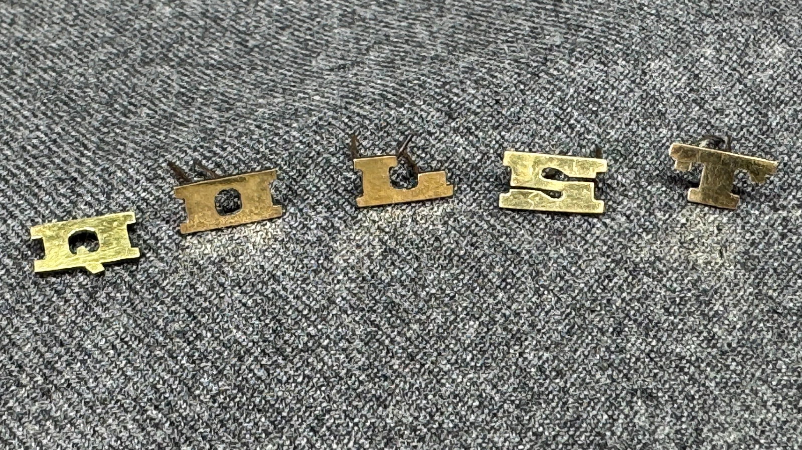 Antique gold-filled letter Q,O,L,S & T monogram appliques. Prong Back. *e: Antique gold-filled letter Q,O,L,S & T appliques. Prong Back. Unmarked. For measures please refer to the pictures that were taken with a measuring tape. Weight: 2 Grams. IN HOUSE FLAT SHIPPING & HANDL