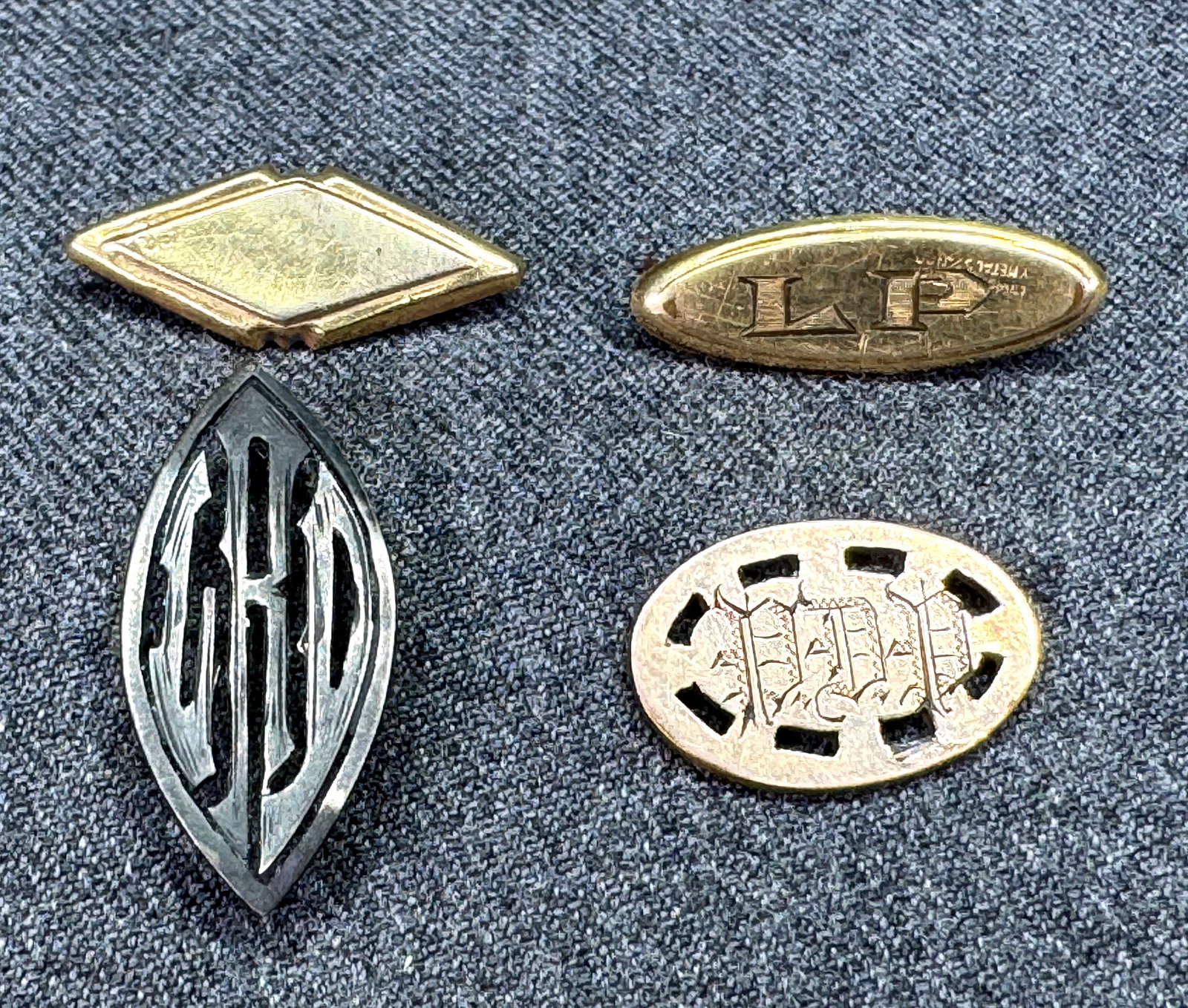Antique assorted gold-filled & sterling monogram appliques. Prong Back Lot of 4. *e: Antique assorted gold-filled (2 engraved & one blank) & filigree sterling monogram appliques. Prong Back. All are Unmarked. For measures please refer to the pictures that were taken with a measuring t